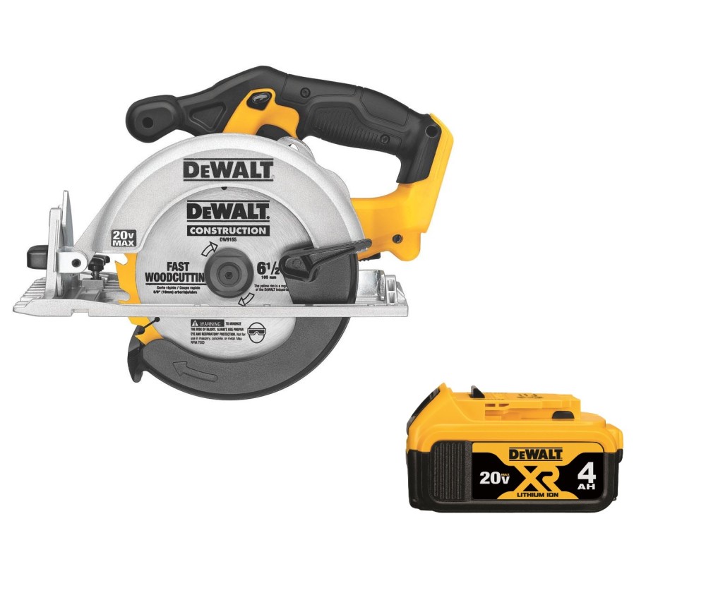 DEWALT 20V Max 6 1/2 Circular Saw with Brake Magnesium Shoe and Premium XR Lithium Ion 4Ah Battery Pack Bundle