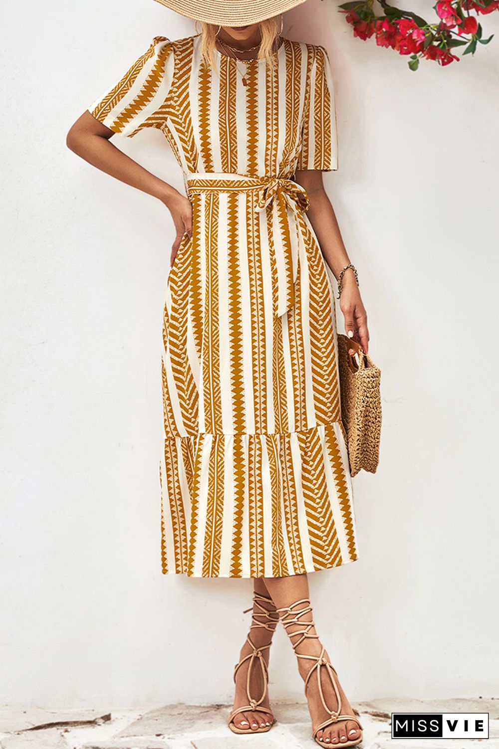 Geometric Striped Maxi Dress With Sash