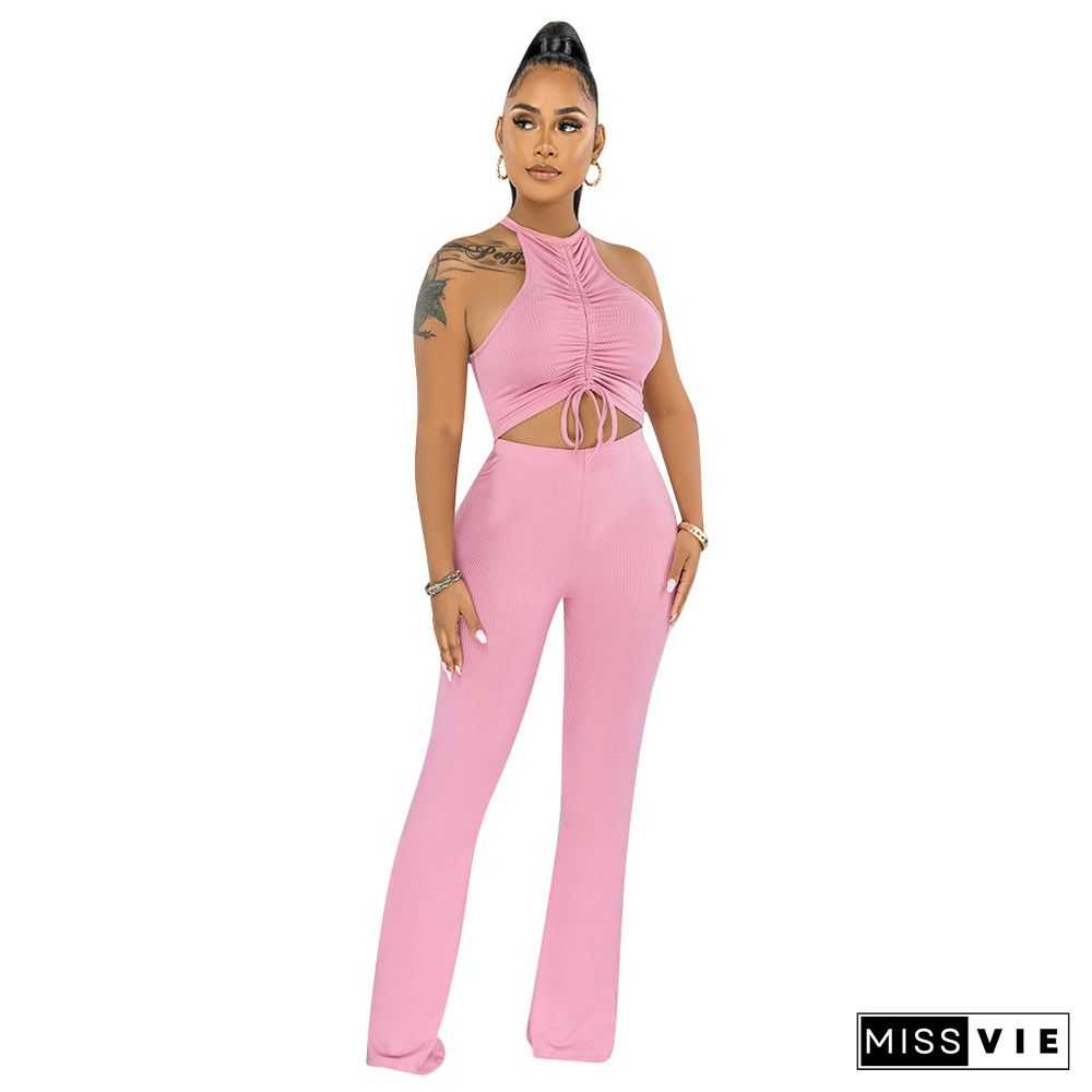 Solid Bandage Sleeveless Crop Top Flare Pants Set