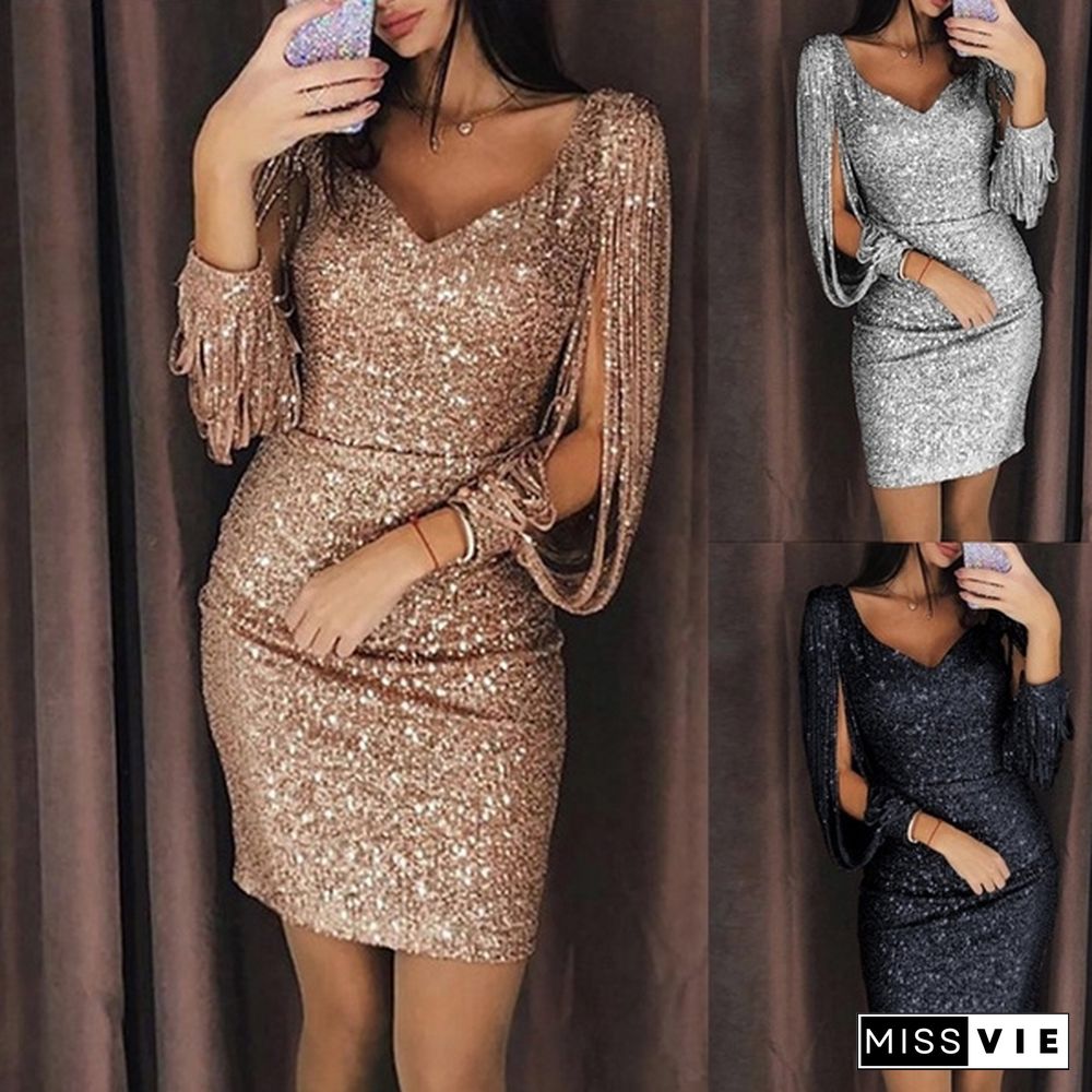 Tassel Lantern Sleeve Sequin Dress Women Sexy V Neck Bodycon Dress Elegant Party Dress