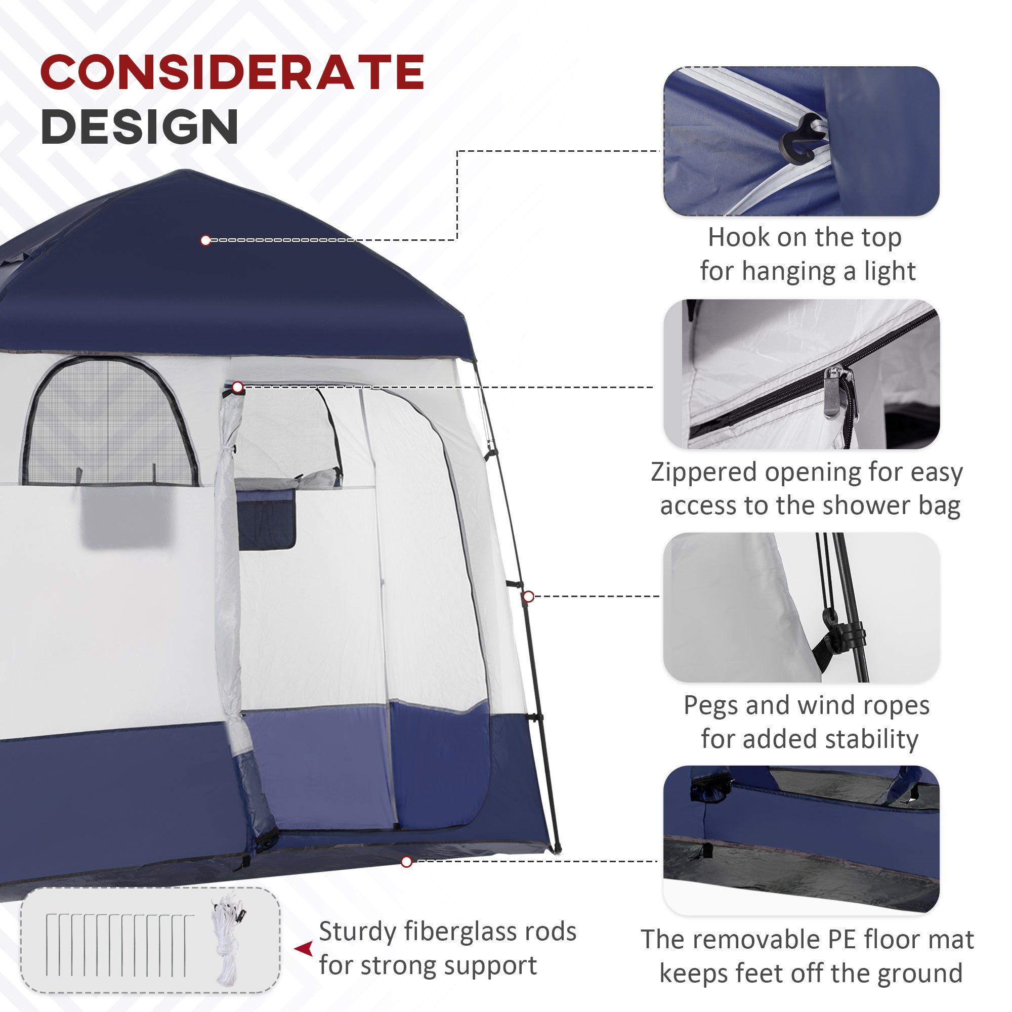 Outsunny Shower Tent, Pop Up Privacy Shelter for Camping, Dressing Changing Room, Portable Instant Outdoor Shower Tent Enclosure w/ 2 Rooms, Shower Bag, Floor and Carrying Bag, Blue