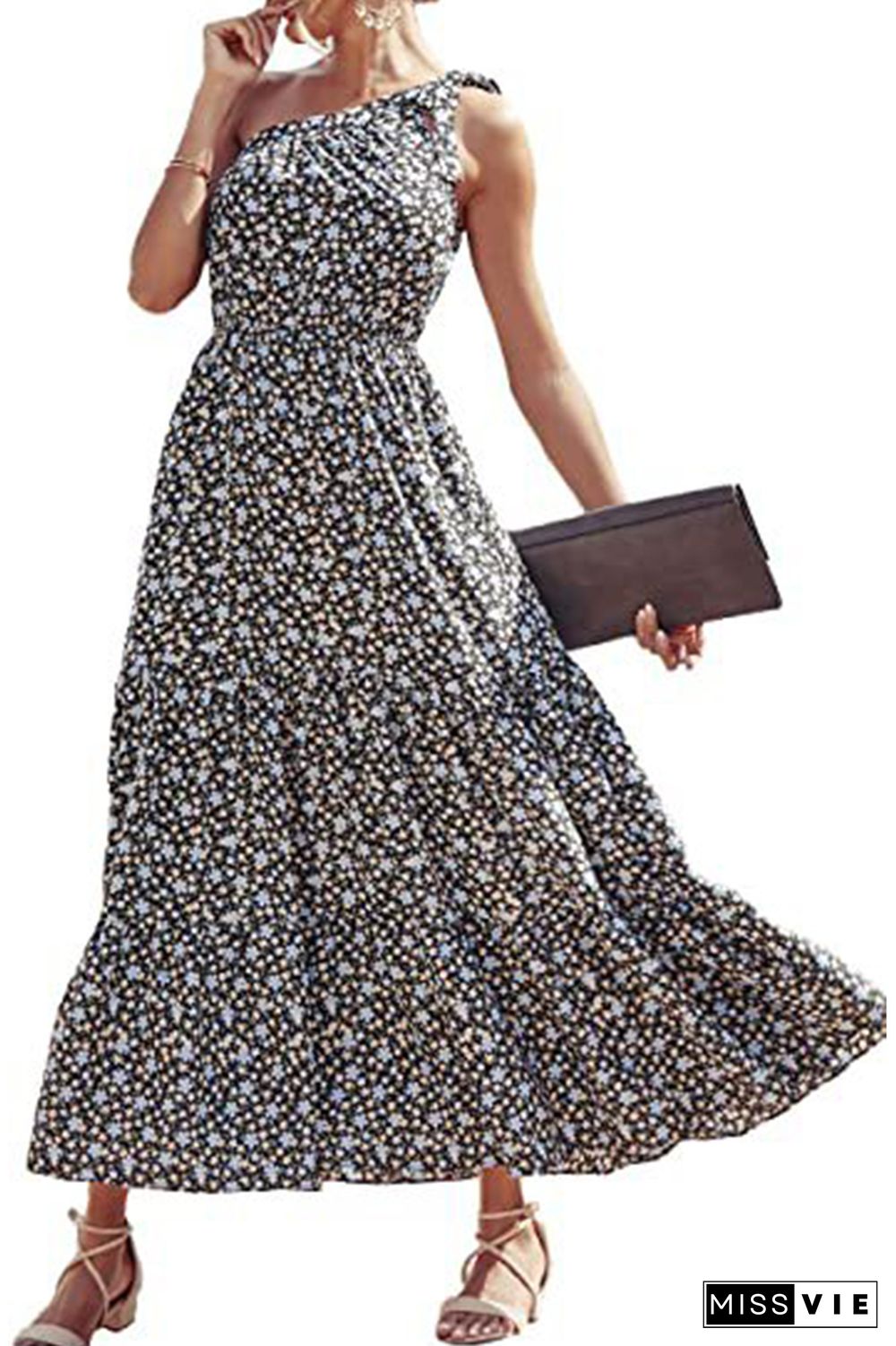 Floral Print One Shoulder High Waist Dress Wholesale