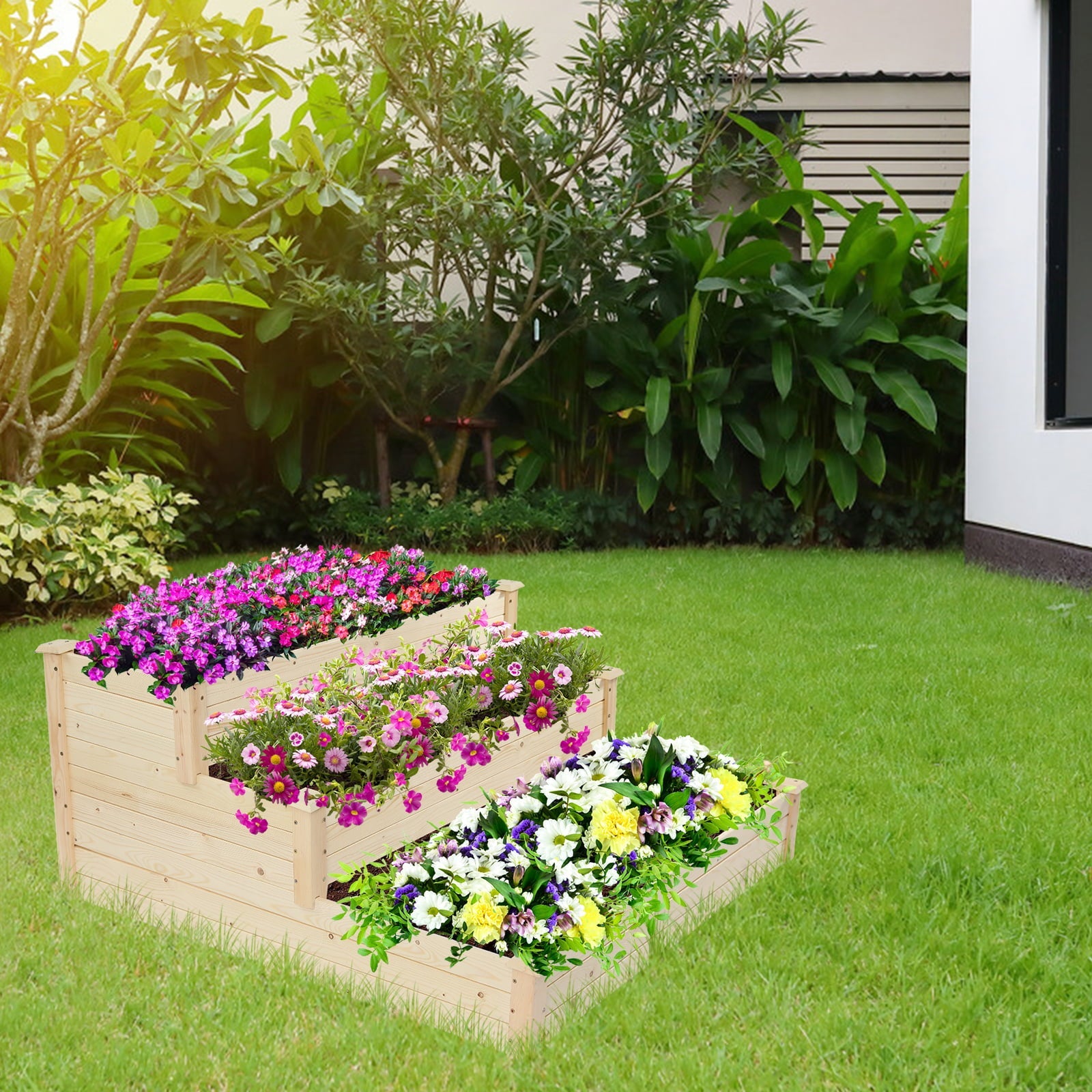 Herbs Raised Garden Bed, Outdoor 3-Tier 4 x 4 FT Tiered Design Wood Planter Bed Flower Box Kit, Elevated Flower Planter Box Kit for Vegetables Fruits Herb Grow Yard Gardening, Natural, SS2442