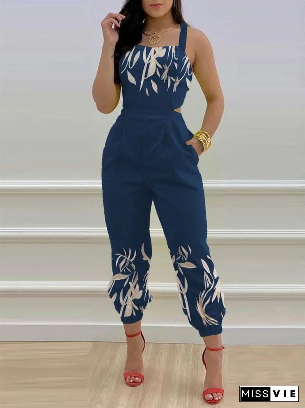 Women'S Jumpsuits Printed Sling Bare Back Jumpsuit