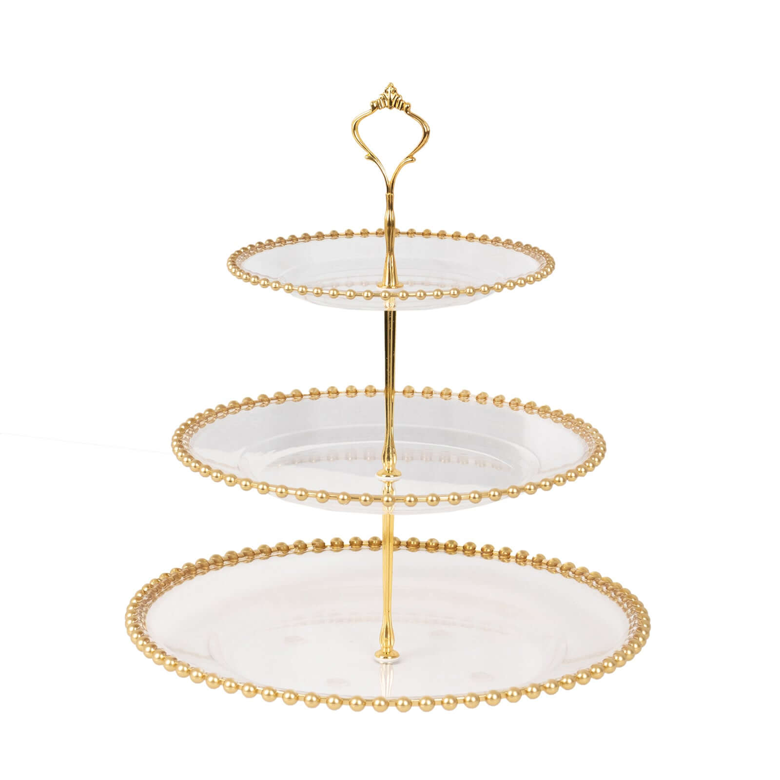 Clear 3-Tier Round Plastic Cupcake Tower Stand with Gold Beaded Rim, Dessert Display Tea Party Serving Platter With Top Handle - 14