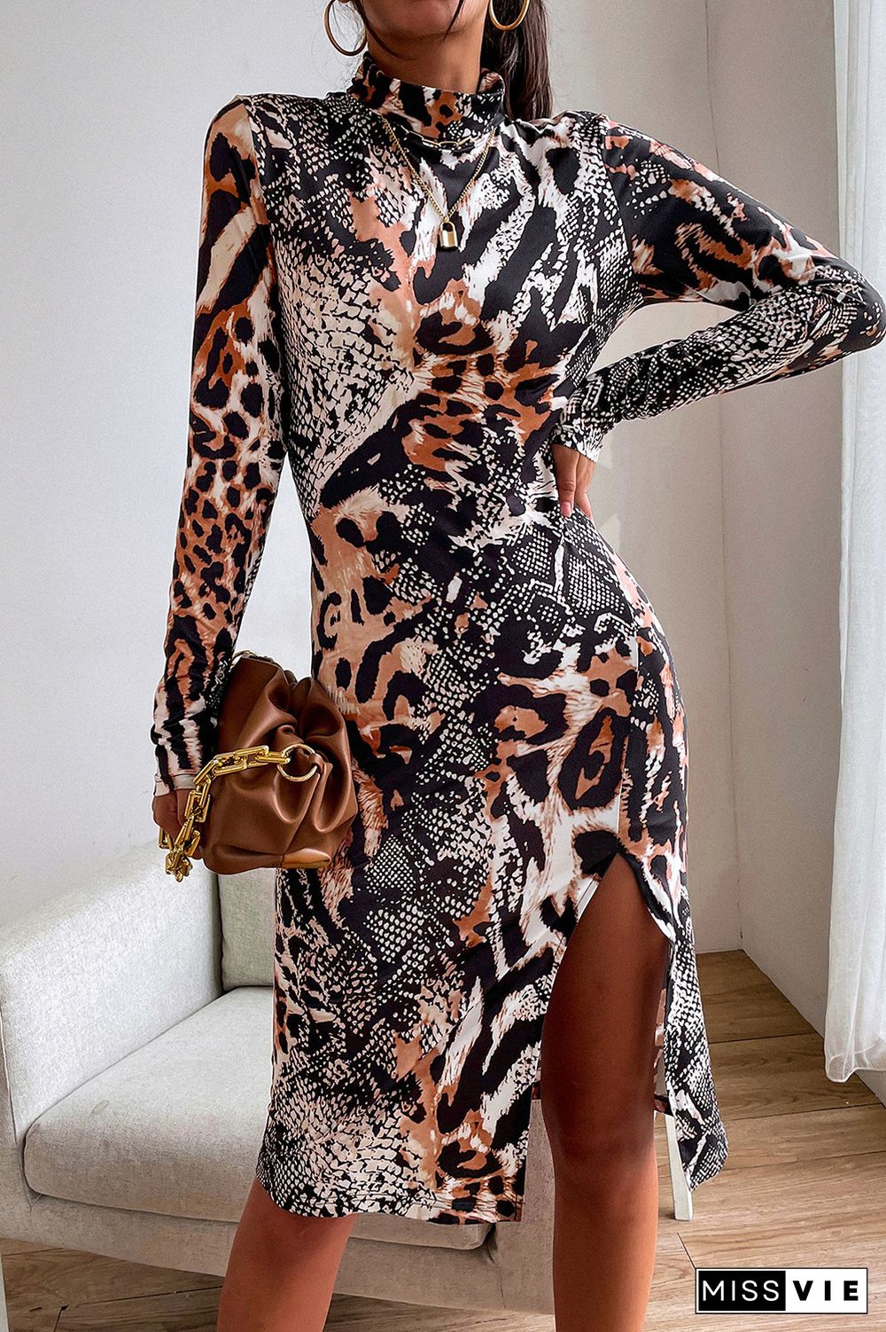 Snake Leopard Mixed Print High Neck Split Midi Dress