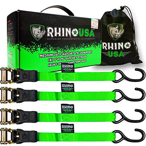 Rhino USA 1" x 15' Ratchet Tie-Down Set (4-Pack), Green