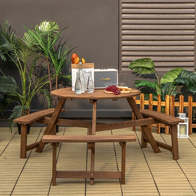 Costway 6 person Round Wooden Picnic Table Outdoor Table W Umbrella Hole amp Benches