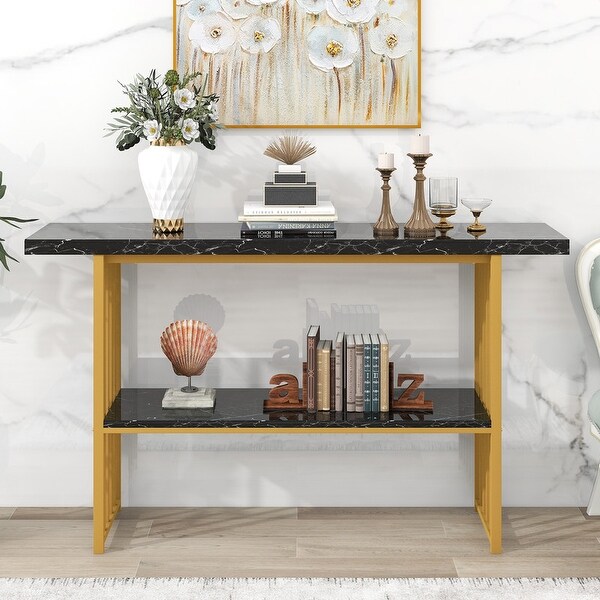 Faux Marble Console Table with 2 Shelves， Extra Long 63