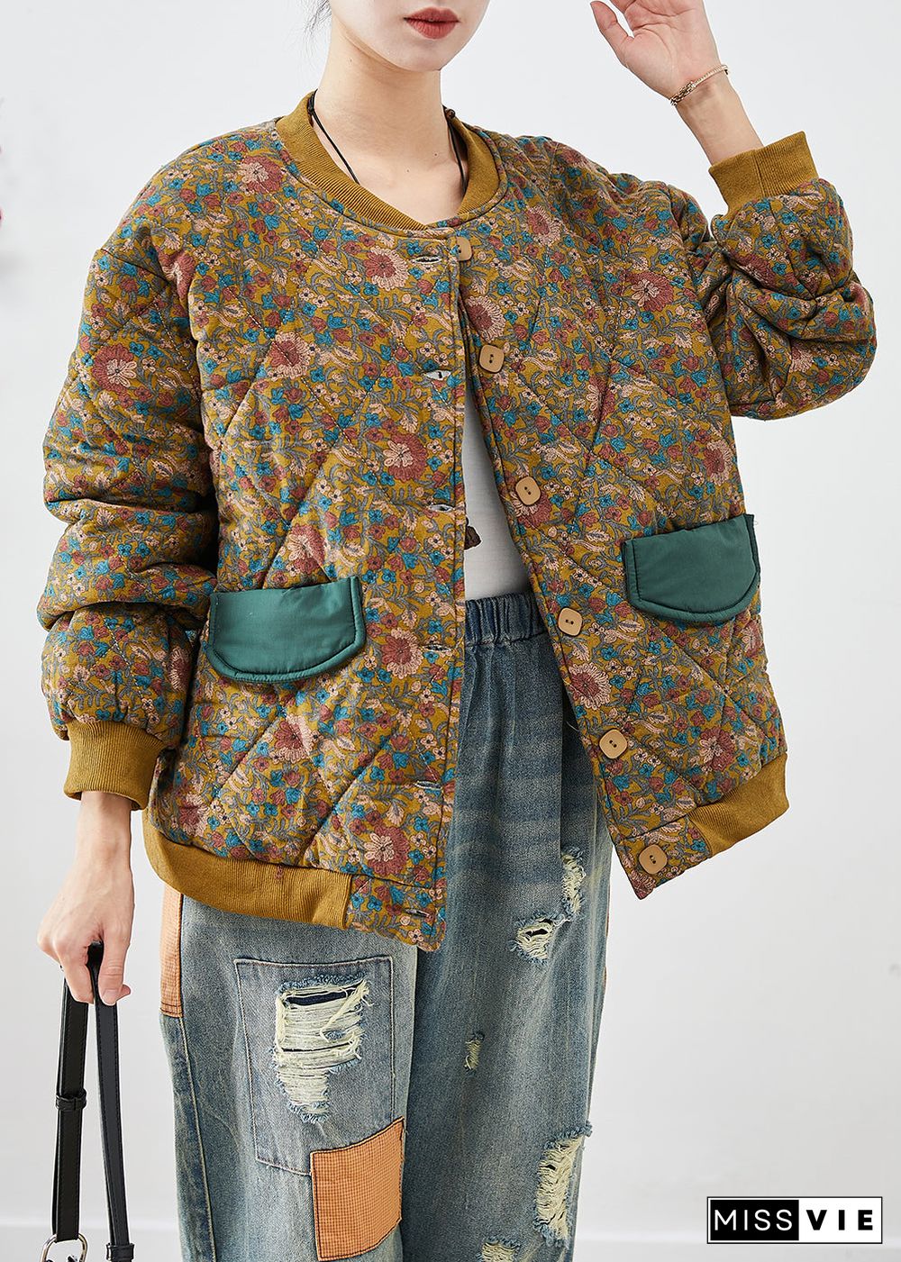 Women Yellow Oversized Print Fine Cotton Filled Winter Coats Winter