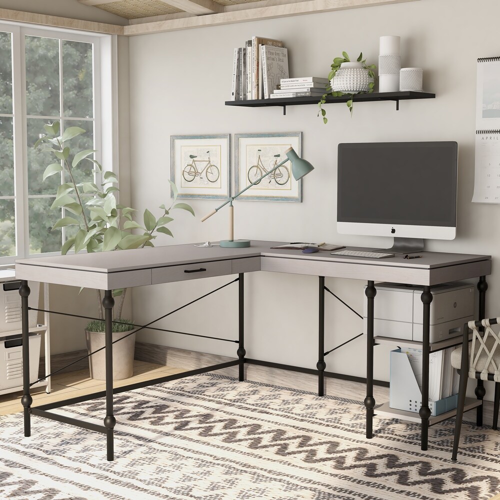 Haley Farmhouse 59 inch Metal L Shaped Computer Desk with USBs by Furniture of America