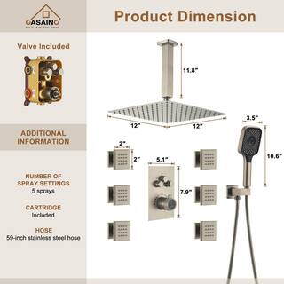 CASAINC 6-Spray 12 in. Thermostatic Dual Shower Heads Ceiling Mount Fixed and Handheld Shower Head 2.5 GPM in Brushed Nickel CS6221-12BN