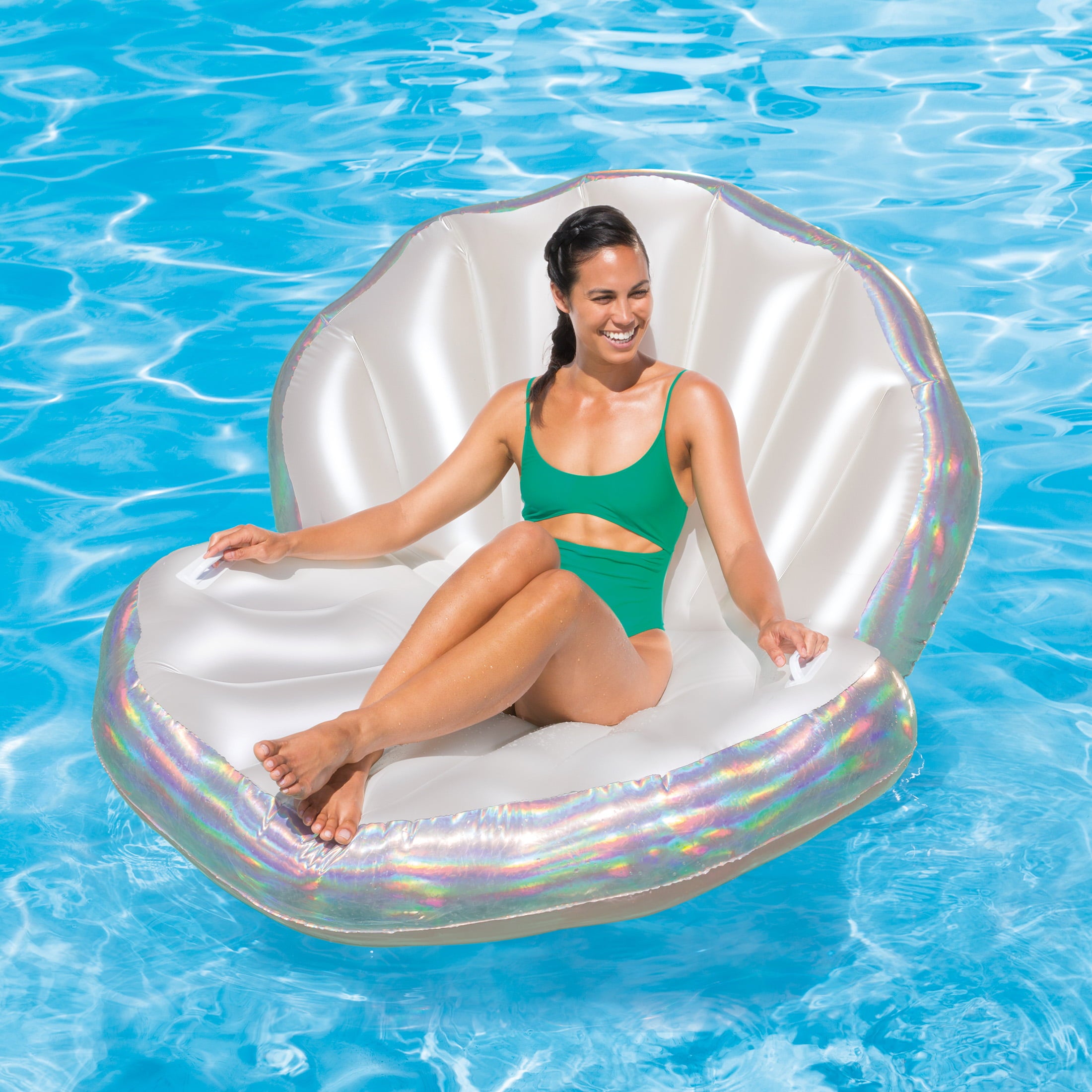 Play Day Inflatable Holographic Seashell Pool Float, Holographic Silver, for Adults, Unisex