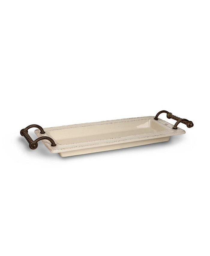 The GG Collection 21.5-Inch Long Cream Ceramic Tray with Provencial Styled Braided Metal Handles