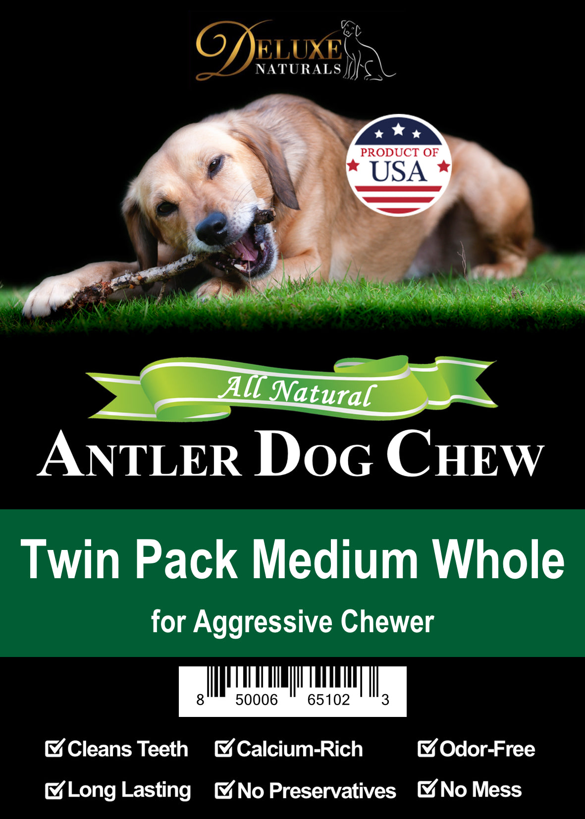 Deluxe Naturals Elk Antler Dog Chew Twin Pack， Medium Whole Antlers