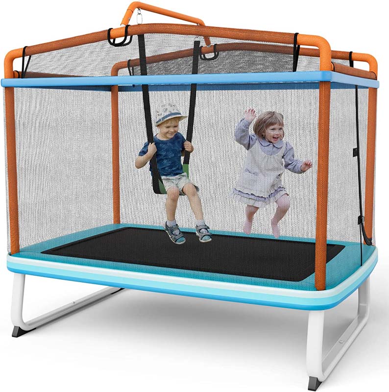 3-in-1 6Ft Rectangle Kids Trampoline with Swing & Horizontal Bar, ASTM Approved Small Trampoline w/Safety Net