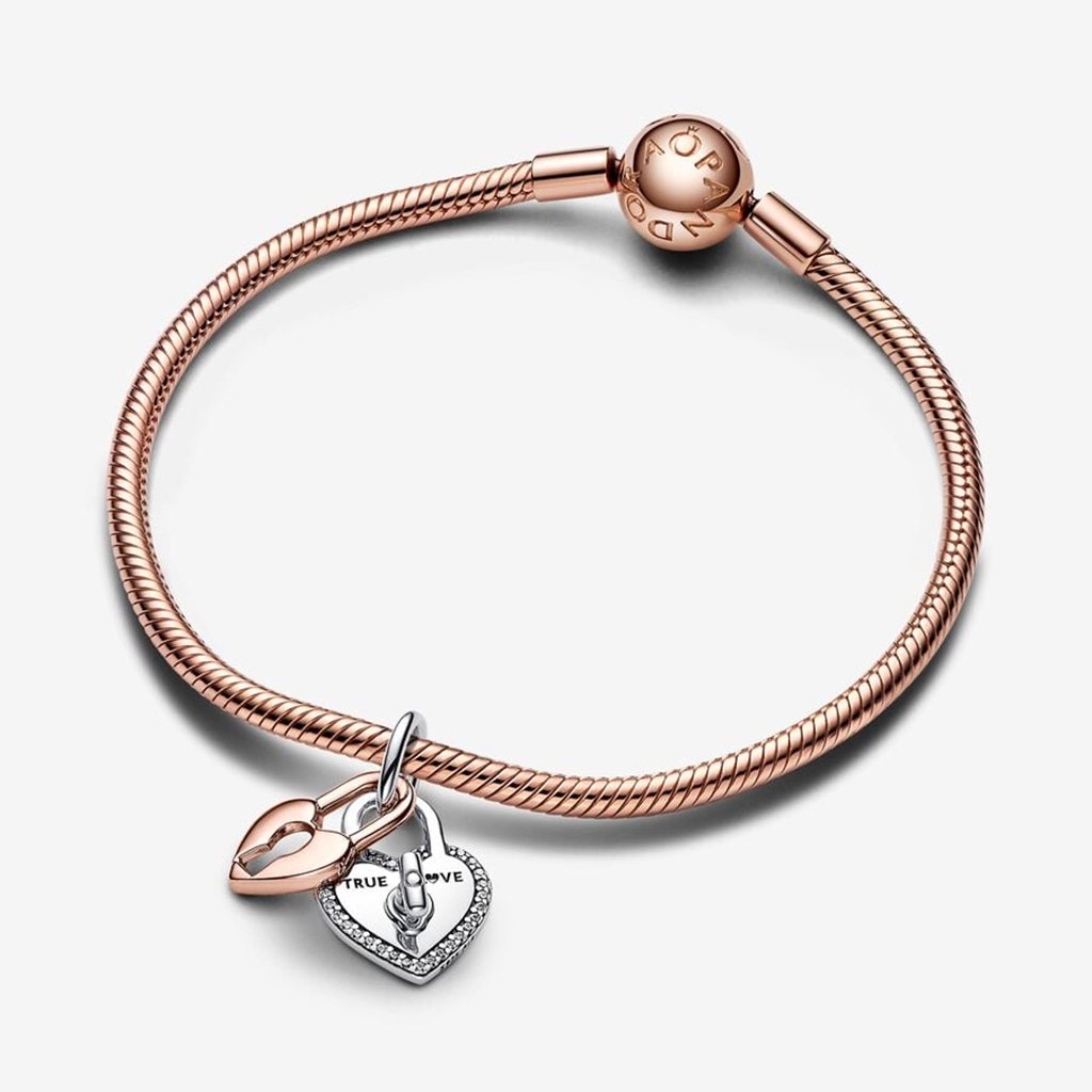 PANDORA  Two-tone Twistable Heart Padlock Double Dangle Charm - Sterling silver and 14k Rose gold-plated unique metal blend