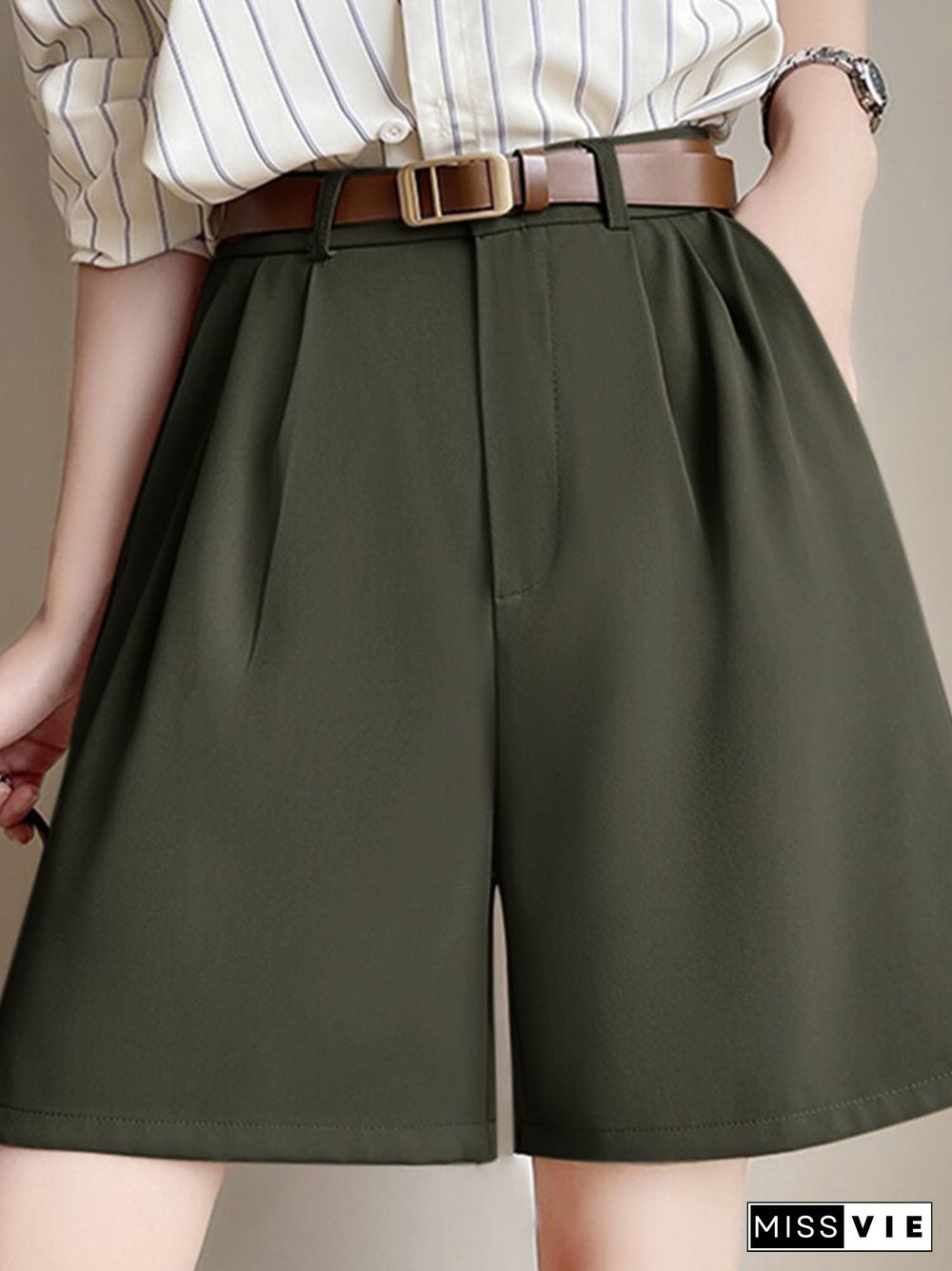 Women Solid Pocket Elastic Waist Back Wide Leg Shorts