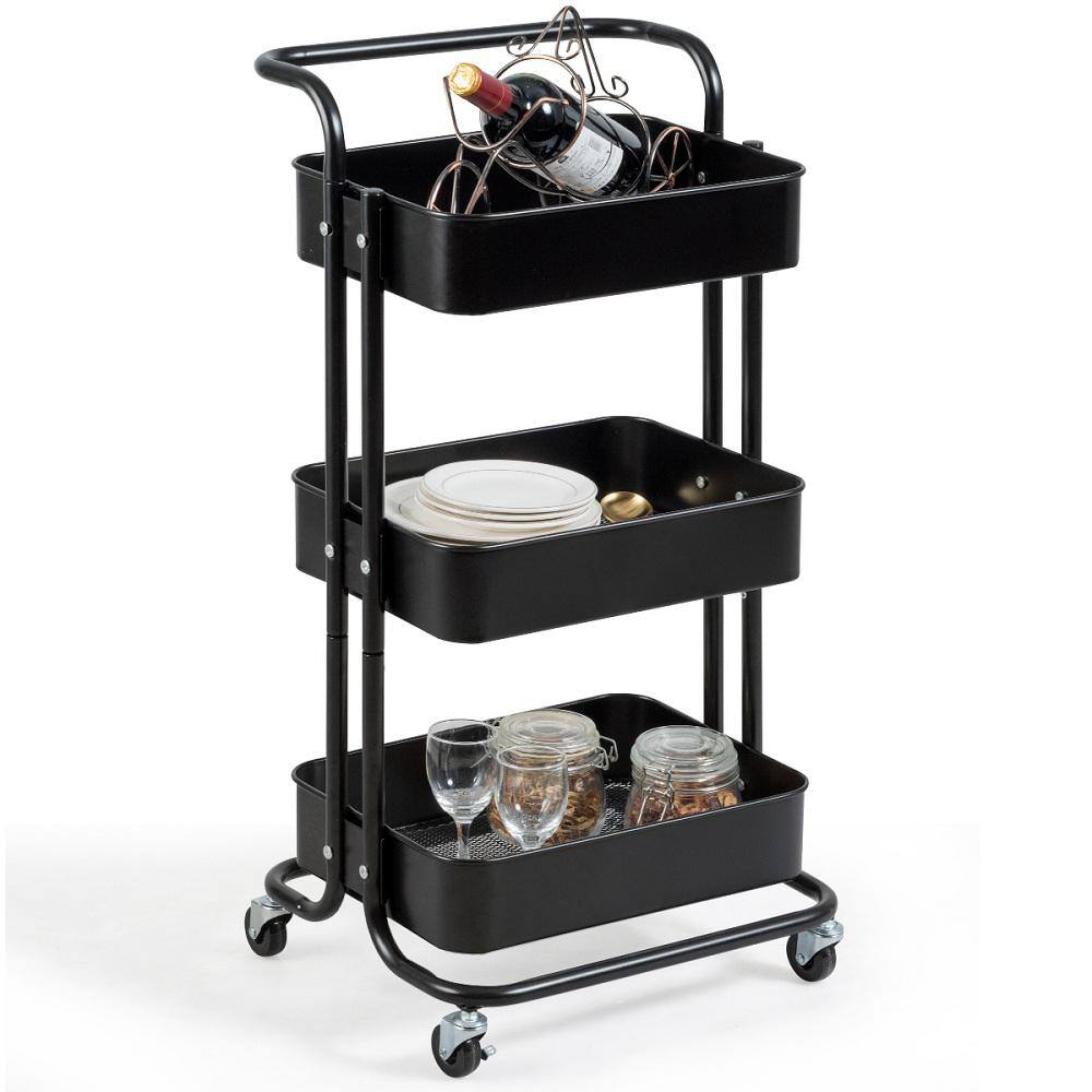 HONEY JOY 3-Tier Metal Rolling Utility Storage Cart Service Trolley Cart with Lockable Wheels in Black TOPB002996