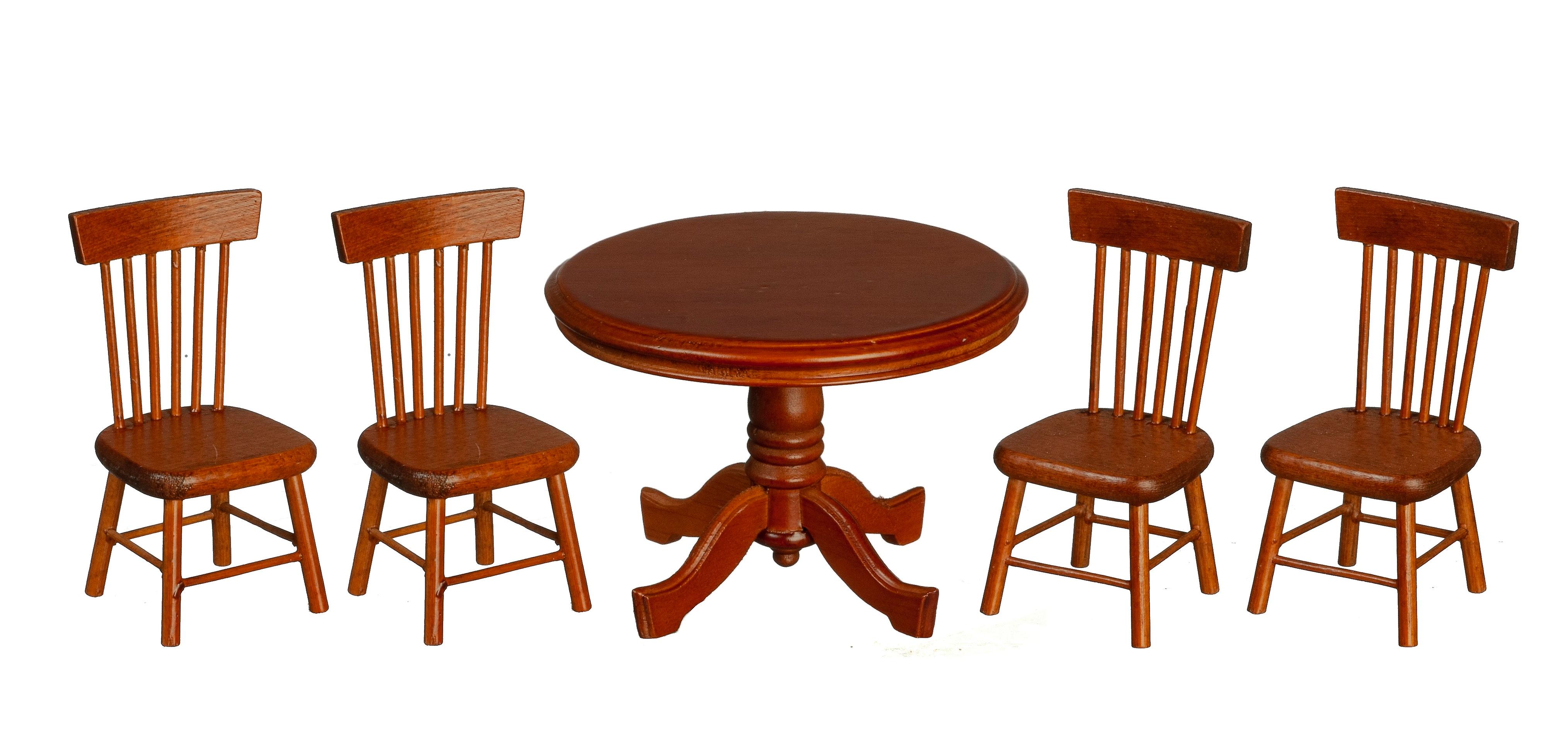 Dolls House Walnut Round Table andamp; Chairs Miniature Dining Room Furniture Set