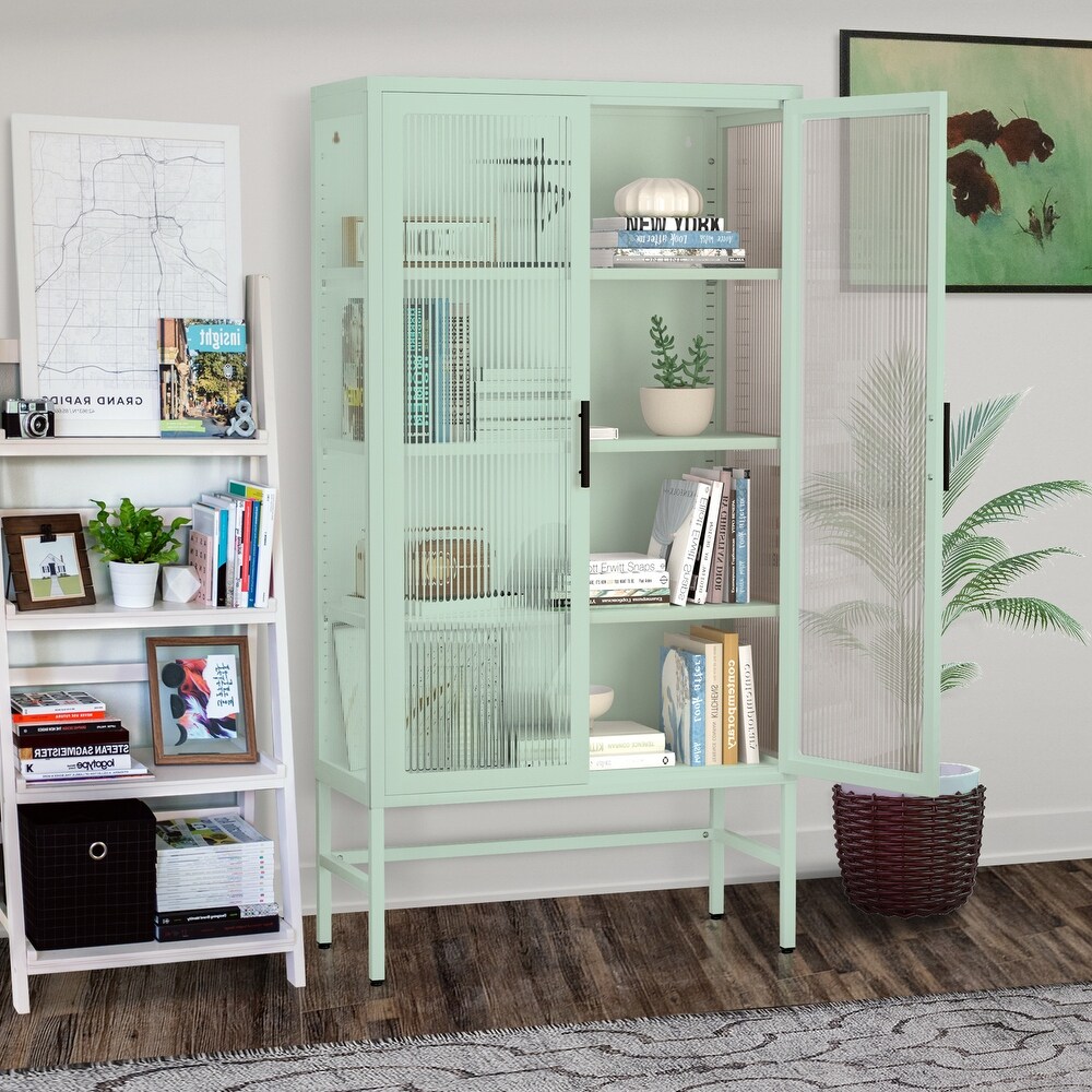 Double Glass Door Storage Cabinet with Adjustable Shelves and Feet Cold Rolled Steel Sideboard Furniture for Living Room