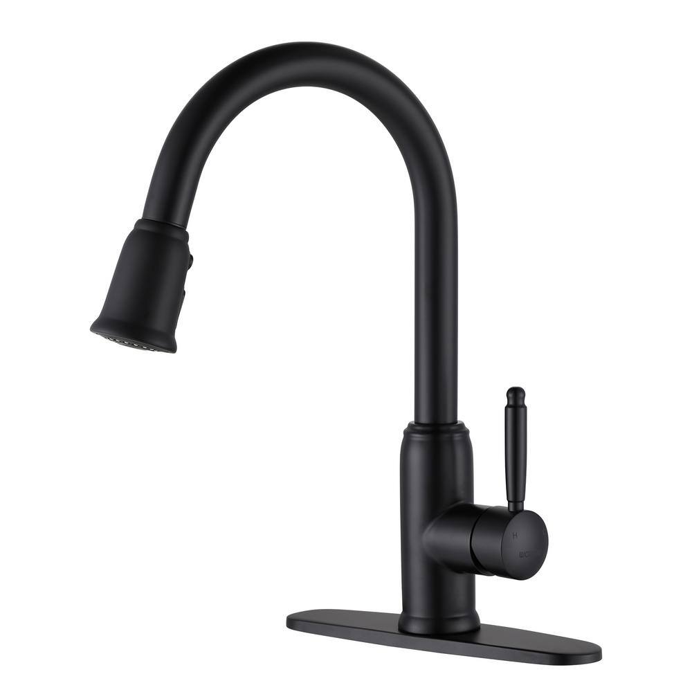 WOWOW Single Handle Deck Mount Gooseneck Pull Down Sprayer Kitchen Faucet with Deckplate Included in Matte Black 2310101B-AMUS