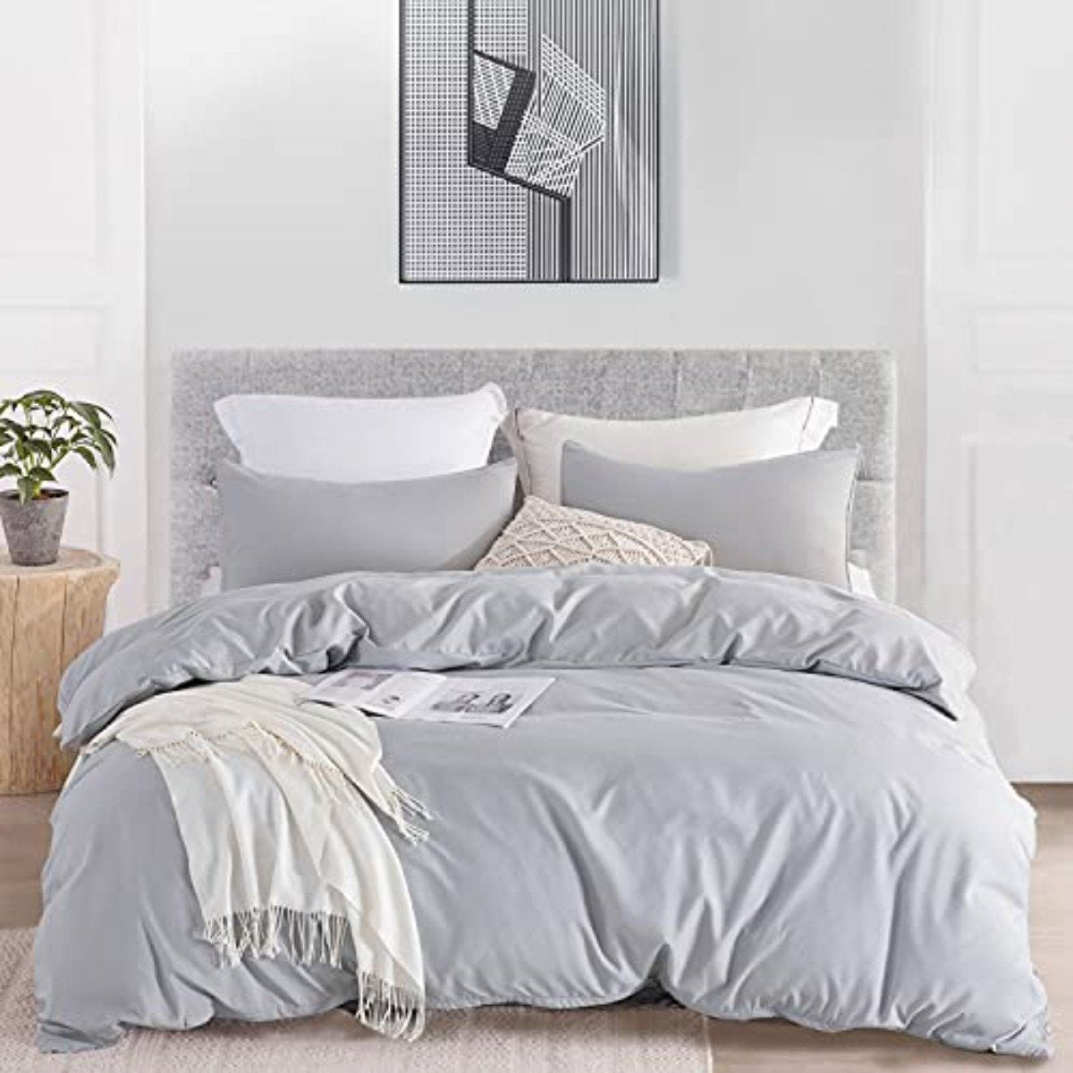 Duvet Cover 1 Duvet Cover+2 Pillow Shams Solid Color Soft and Breathable,100% Washed Microfiber with Zipper Closure Grey No Comforter