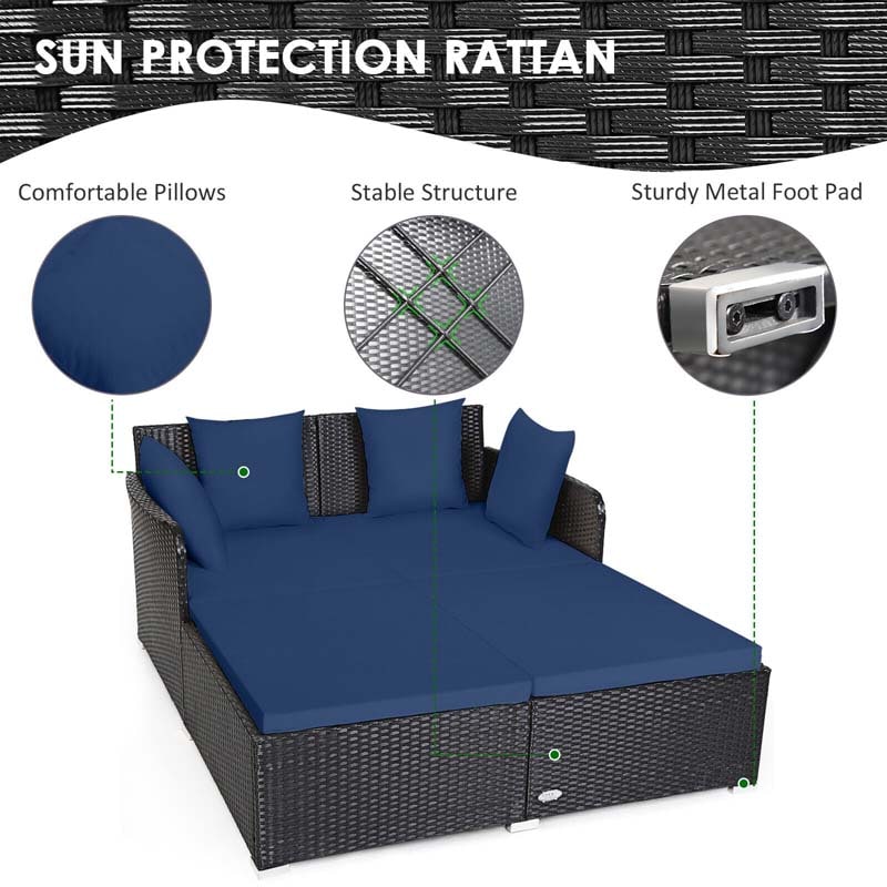 Rattan Wicker Outdoor Daybed Patio Furniture Cushioned Sofa Set with Thick Pillows