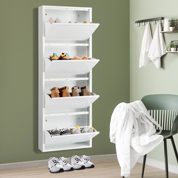 4 Drawer Shoe Cabinet， 4Tier Shoe Rack Storage Organizer， White Color - - 37926720