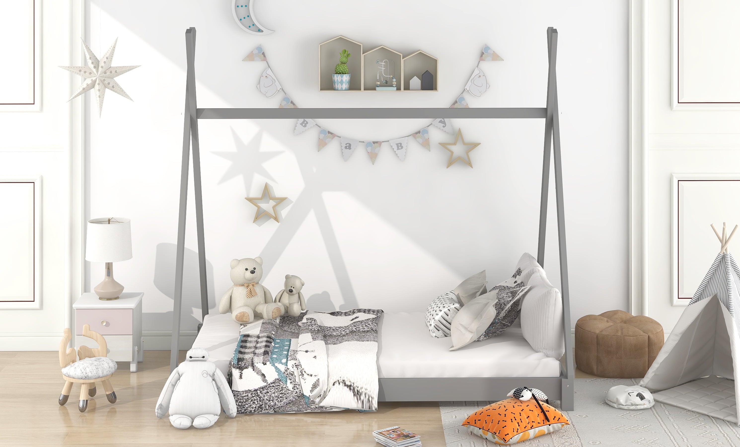 EUROCO Wood x-Shaped Twin Size Bed for Kids, Gray