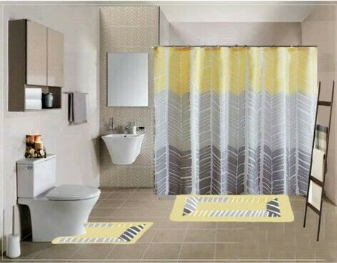 Soft and Stylish Chenille Rug， Mat Decor Bathroom set Sonia Yellow Design Washable non slip includes 15pc :2 bath rug/mat + 1 shower curtain + 12pc rings