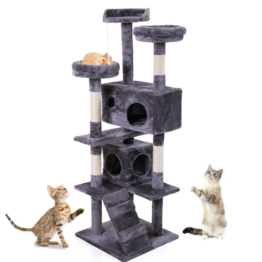 Cat Tree Cat Tower with Scratching Ball, Plush Cushion, Ladder and Condos for Indoor Cats, Gray H-D0102HE437A