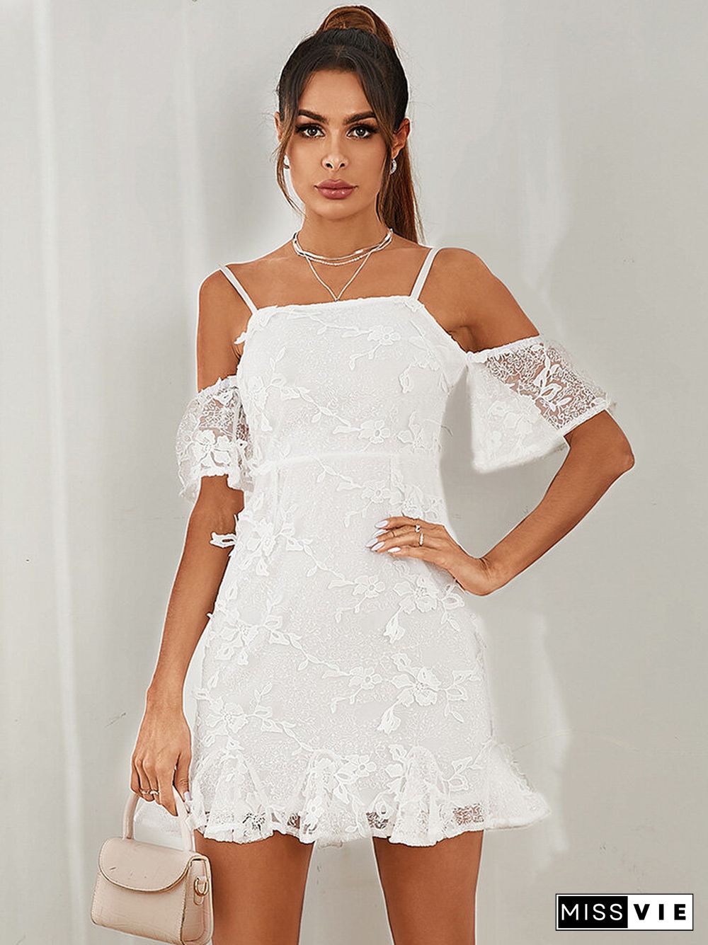 Solid Backless Strap Off The Shoulder Short Sleeve Lace Dress