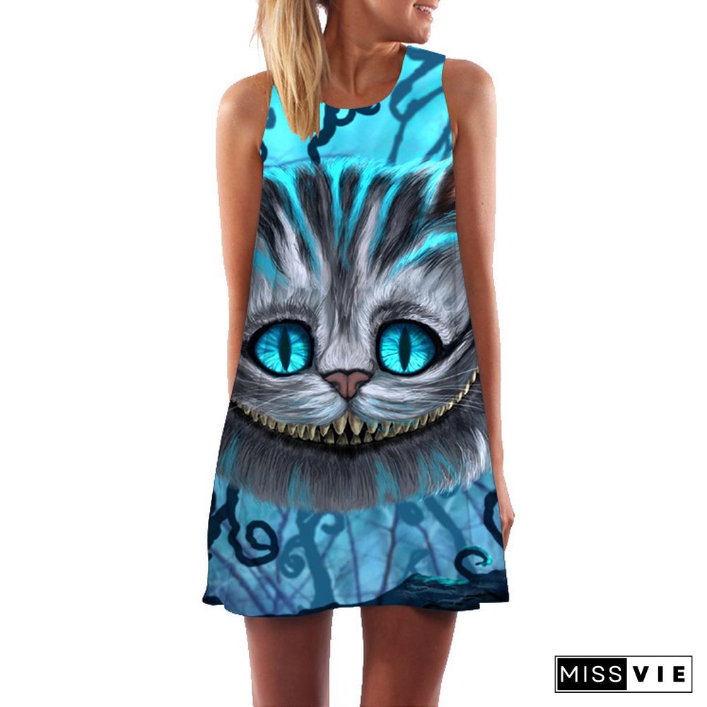 Digital Print Pullover Sleeveless Mid-length Skirt Sexy Dress