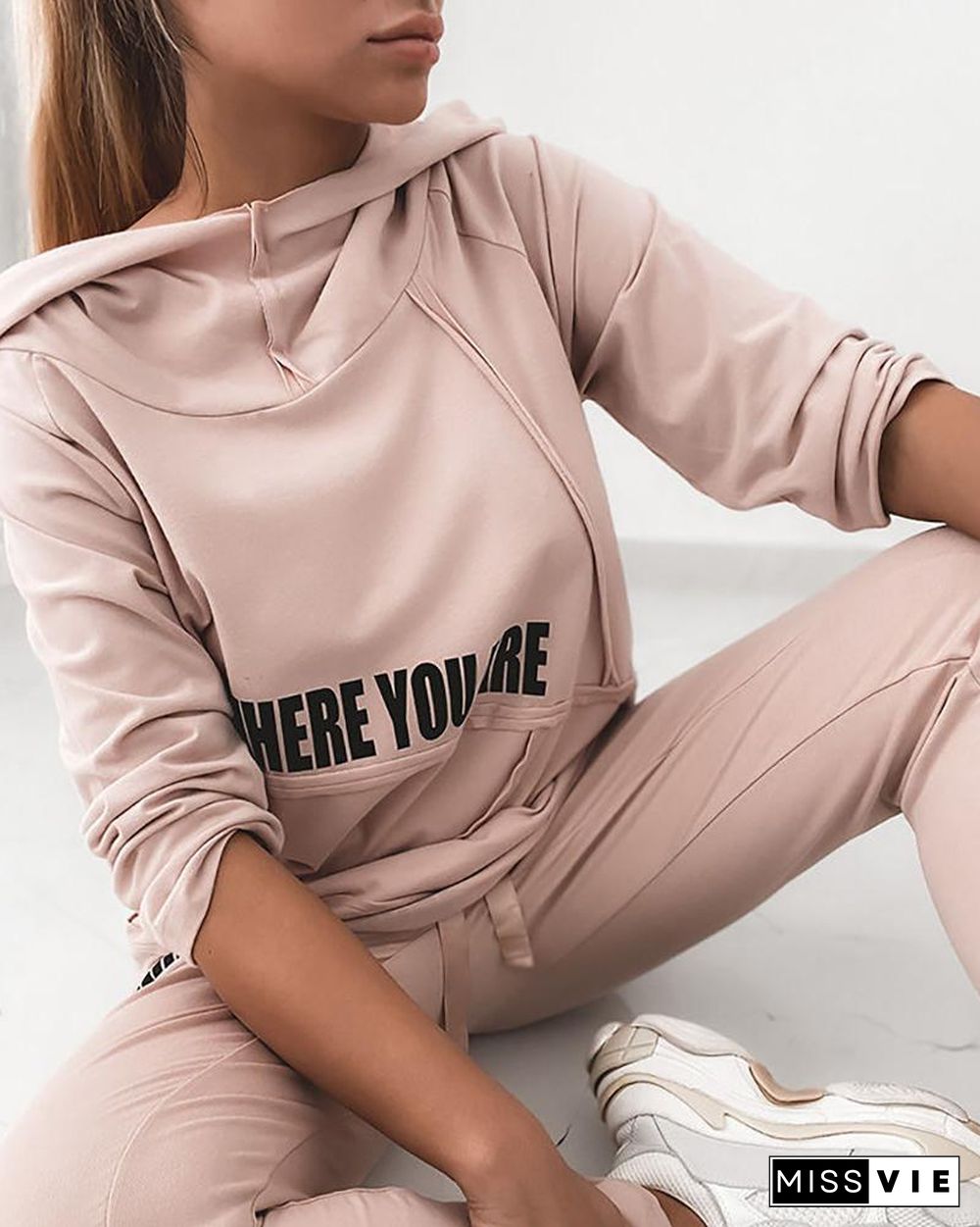 Letter Print Long Sleeve Hooded Top & Drawstring Pants Set P13226