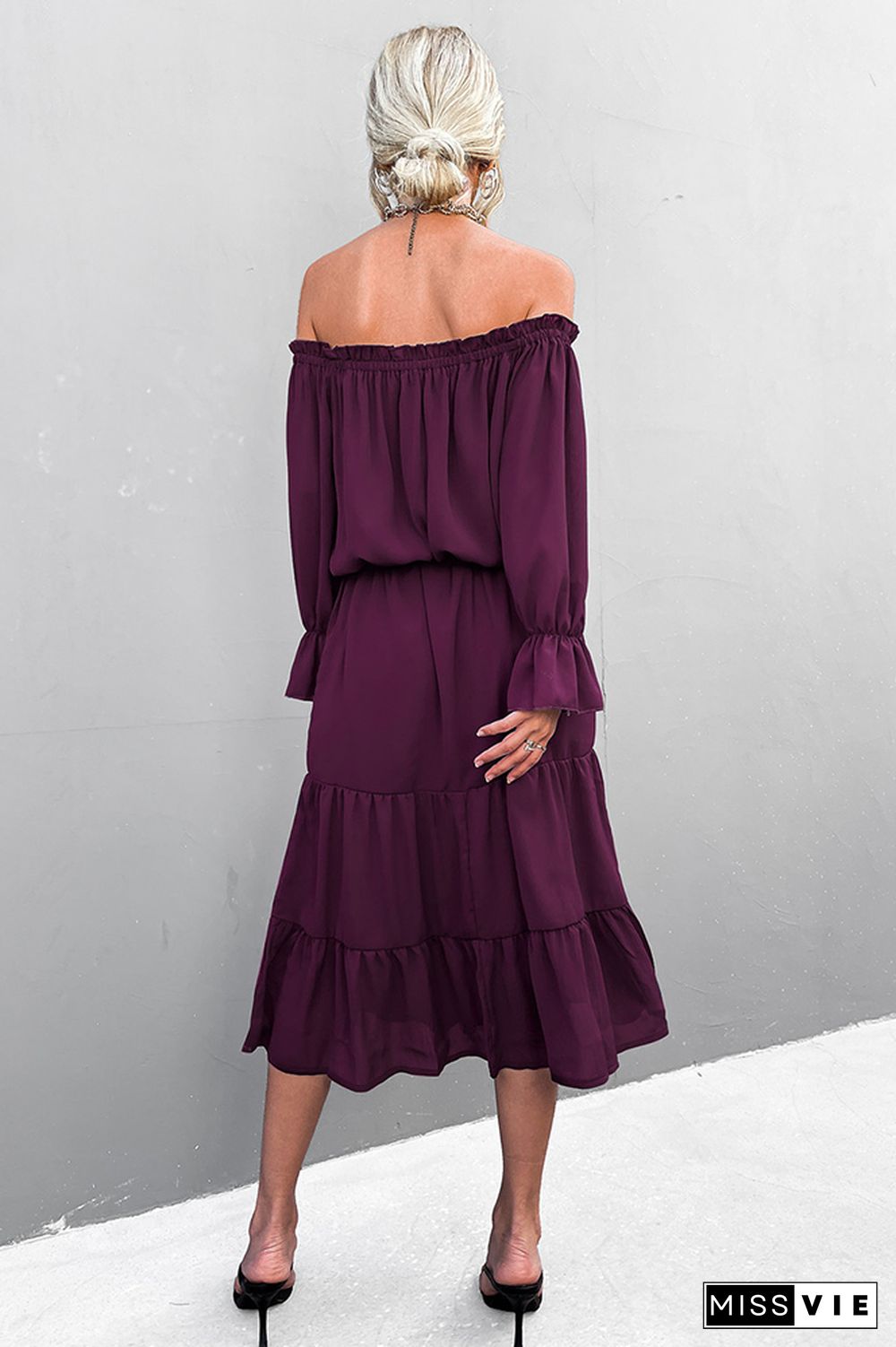 Solid Color Off Shoulder Ruffle Long Sleeves Dress Wholesale