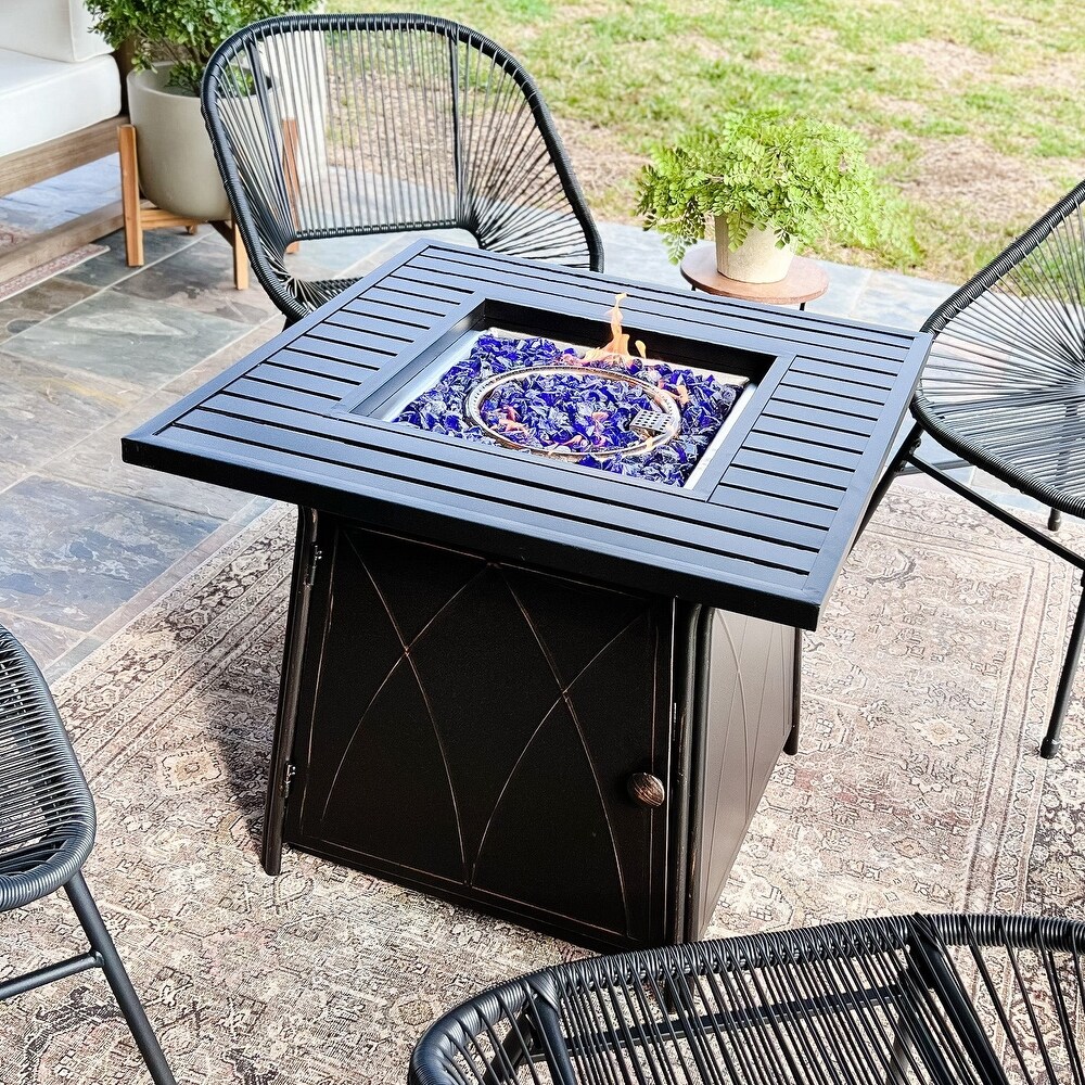 Gas Fire Pit Table  28 Inch 50 000BTU Progane Fire Pits Table with Blue Fire Glass and Lid  Black