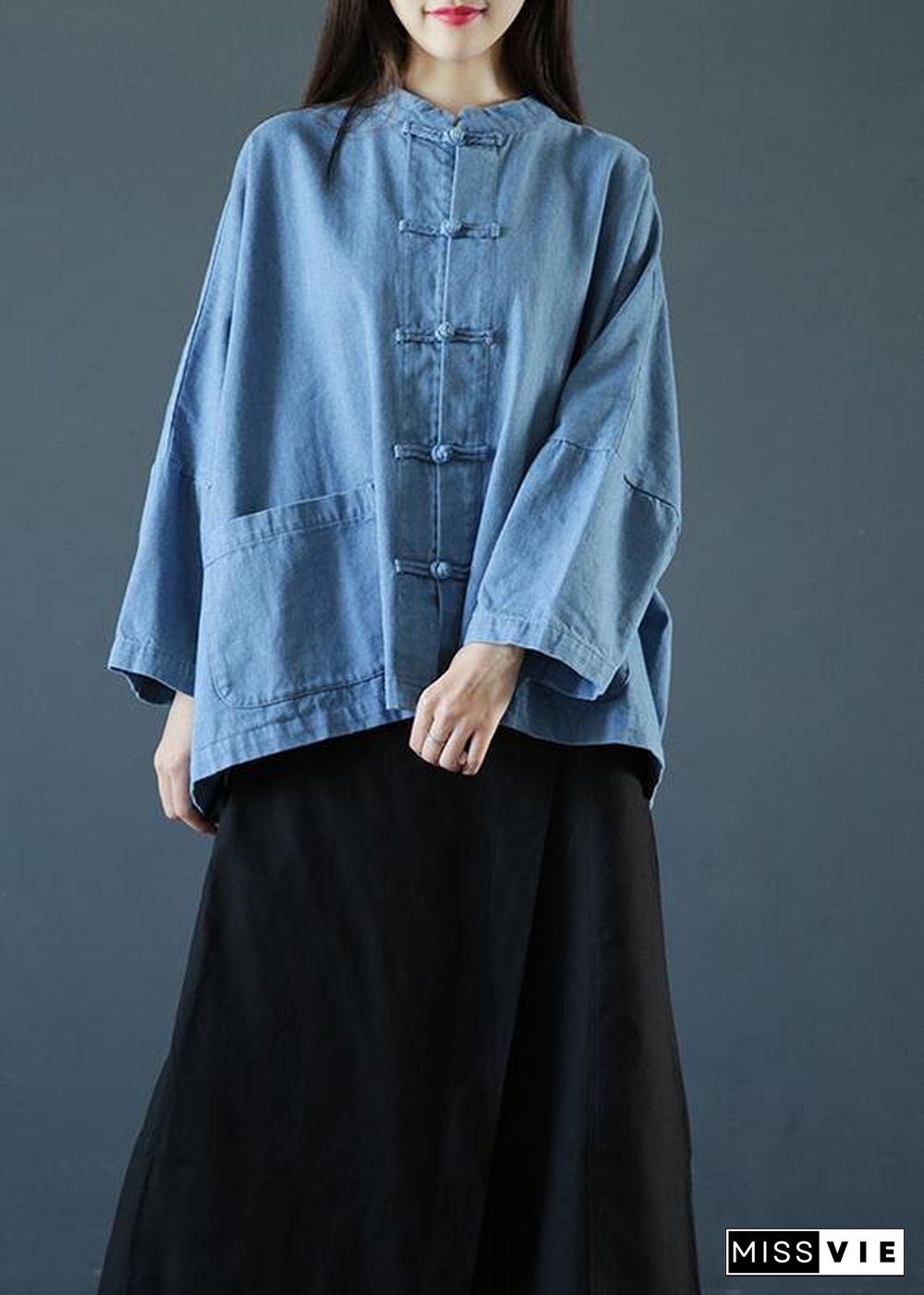 Loose stand collar Chinese Button clothes For Women Sleeve denim light blue-little flower shirts