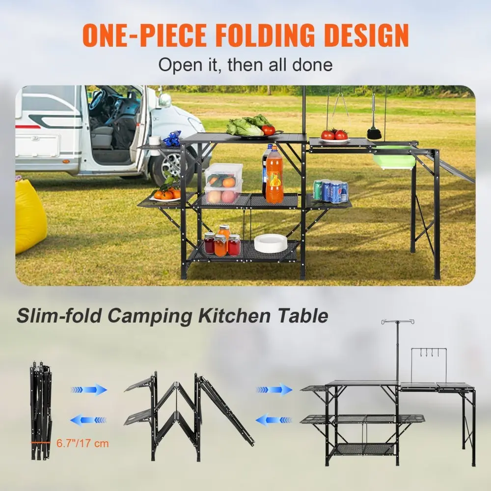 Camping Kitchen Table  One Piece Folding Portable Cook Station with A Carrying Bag  Aluminum Camping Table 5 Iron Side Tables