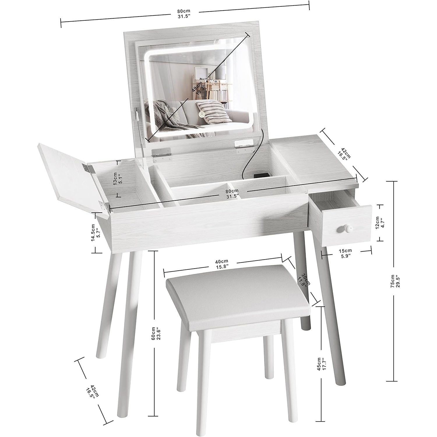 Flip Top Vanity Desk Set with LED Lighted Mirror and Power Outlet, Makeup Vanity Table with Drawers and Cabinet