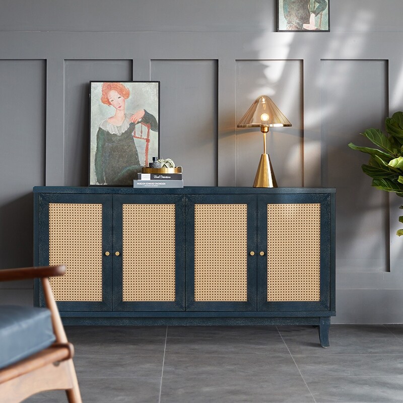 Cabinet Sideboard Wooden Cabinet with 4 Rattan Doors for Hallway  Entryway  Living Room  Bedroom