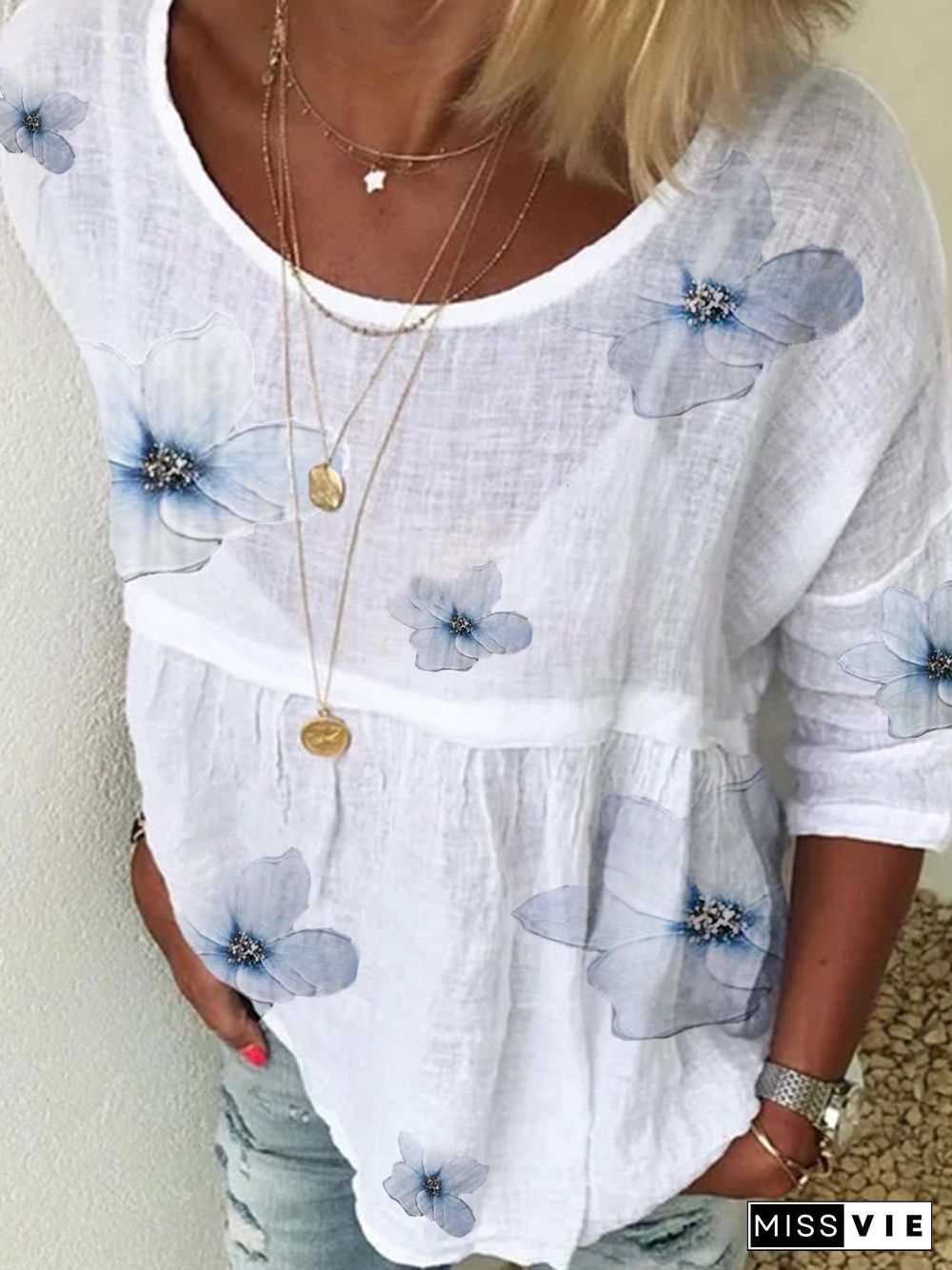 Floral Casual Cotton-Blend Crew Neck Tops