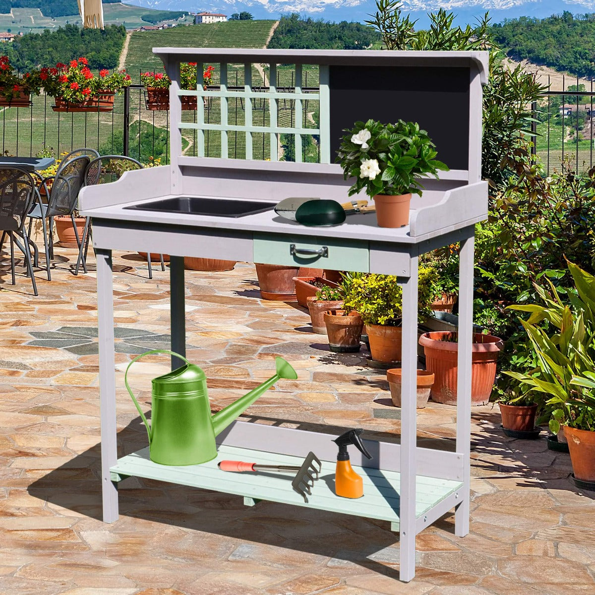 Tomshoo Gardening Workbench Rustic Wooden Potting Bench Garden Planting Table with Storage