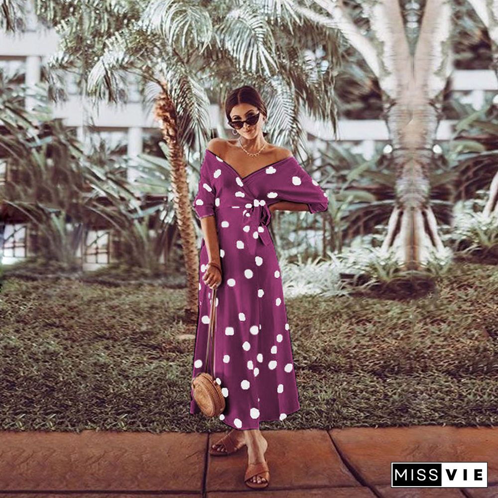 Casual Large Polka Dot V Neck Off Shoulder Maxi Dress