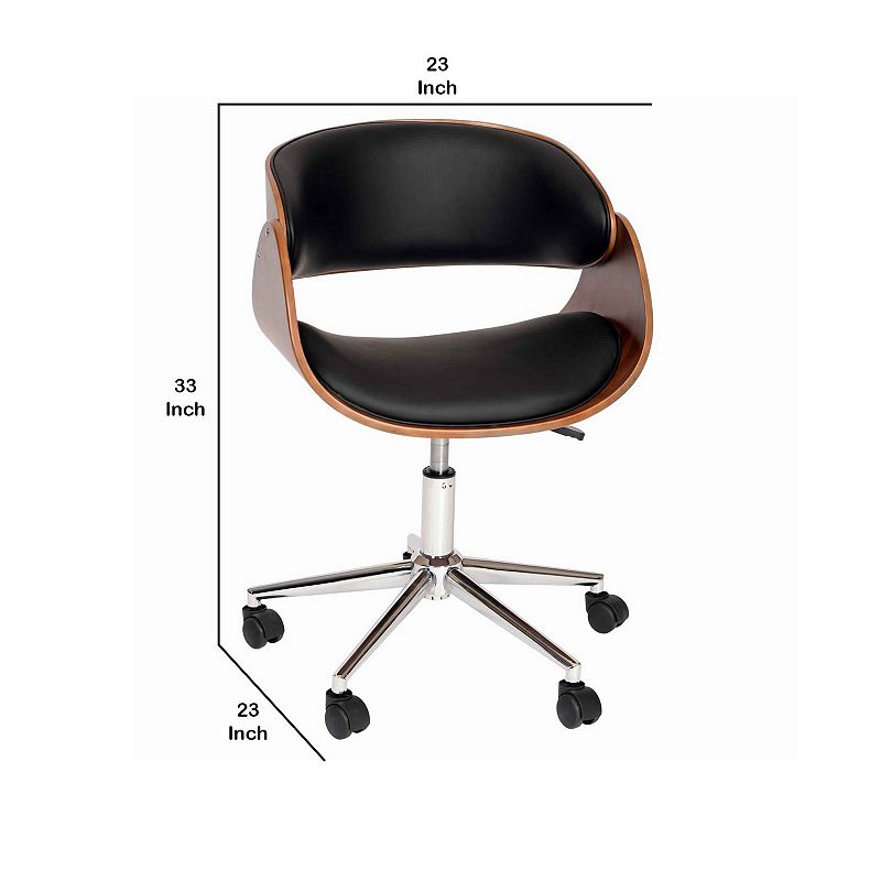 Wooden and Metal Office Chair with Curved Leatherette Seat， Brown and Black