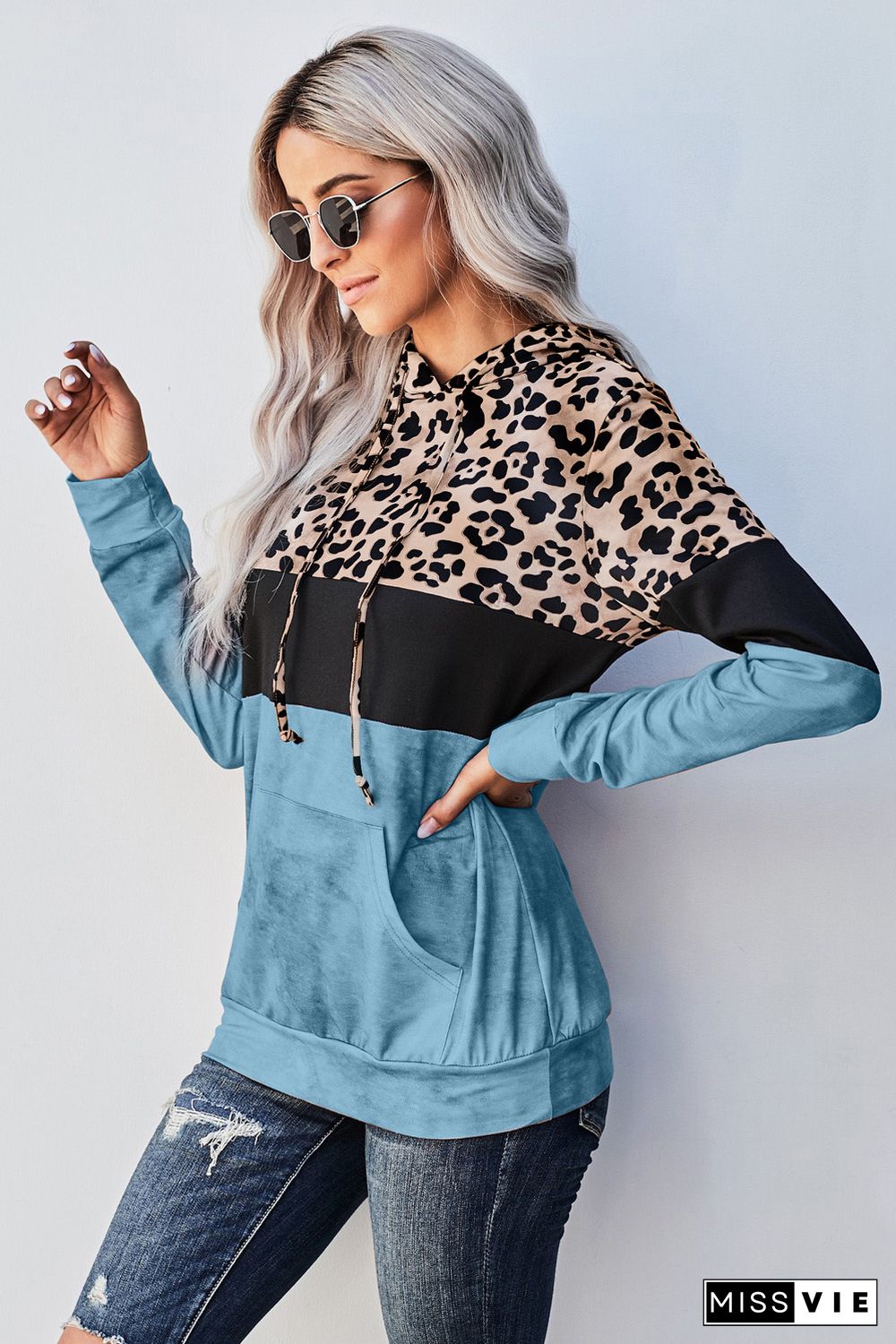 Blue Leopard Tie Dye Colorblock Hoodie