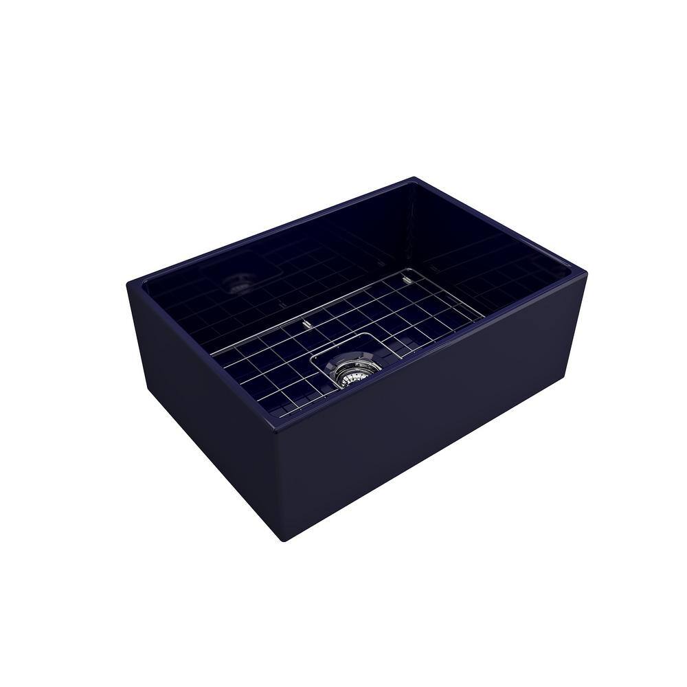 BOCCHI Contempo FarmhouseApron-Front Fireclay 27 in. Single Bowl Kitchen Sink with Bottom Grid and Strainer in Sapphire Blue 1356-010-0120