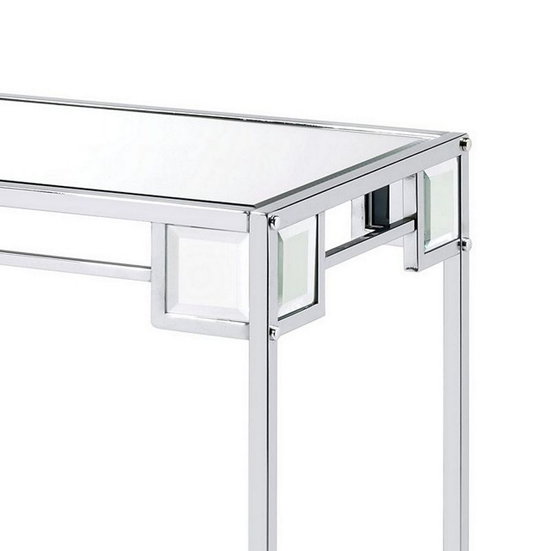 Mirror Top Metal Console Table with Wooden Open Bottom Shelf， Silver