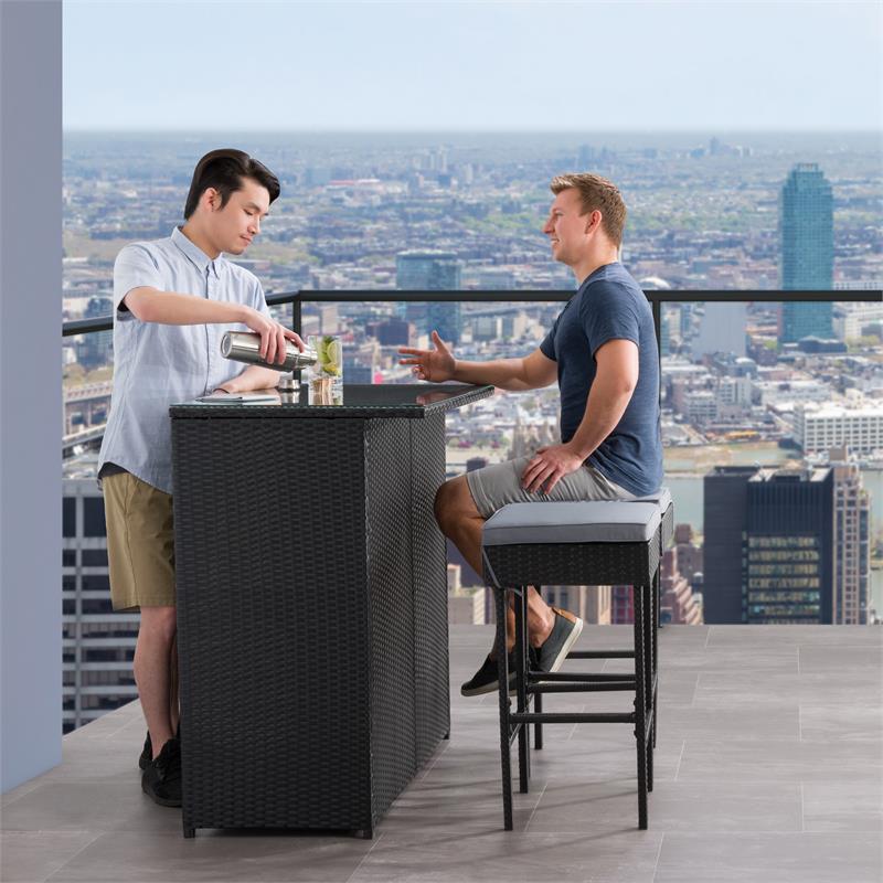 CorLiving Parksville Patio 3pc Bar Set - Black with Ash Gray Fabric Cushions