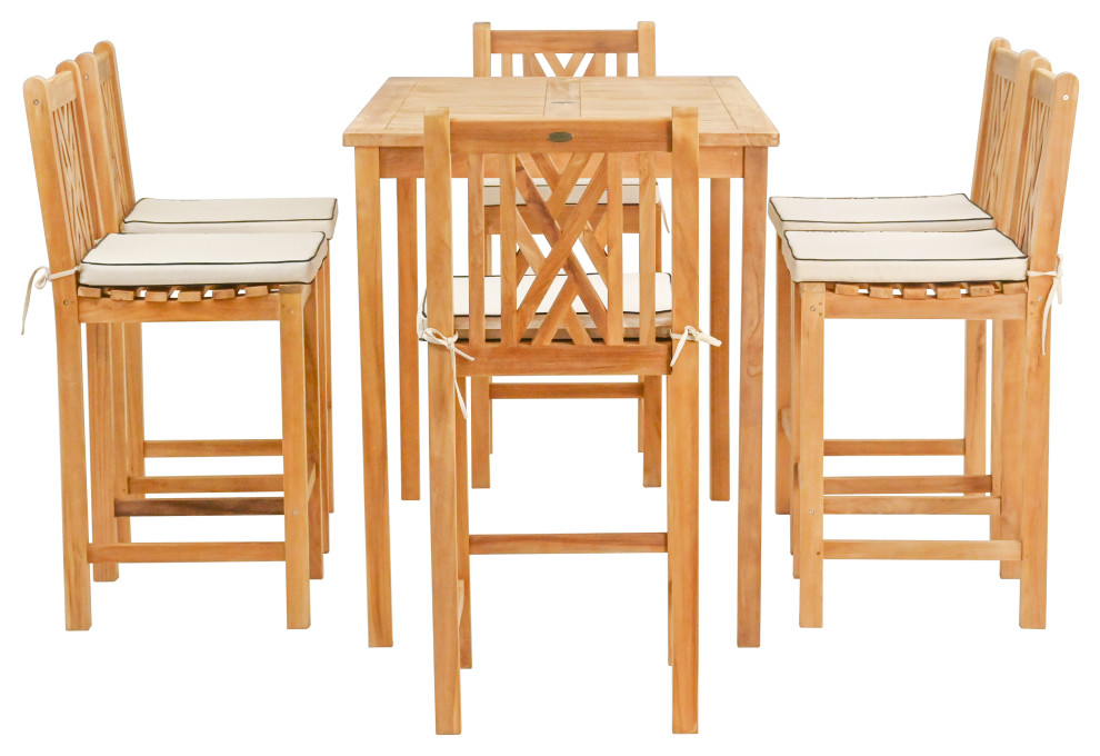 7 Piece Teak Wood Chippendale 55 quotRectangular Bistro Bar Set  6 Bar Chairs   Transitional   Outdoor Pub And Bistro Sets   by Chic Teak  Houzz